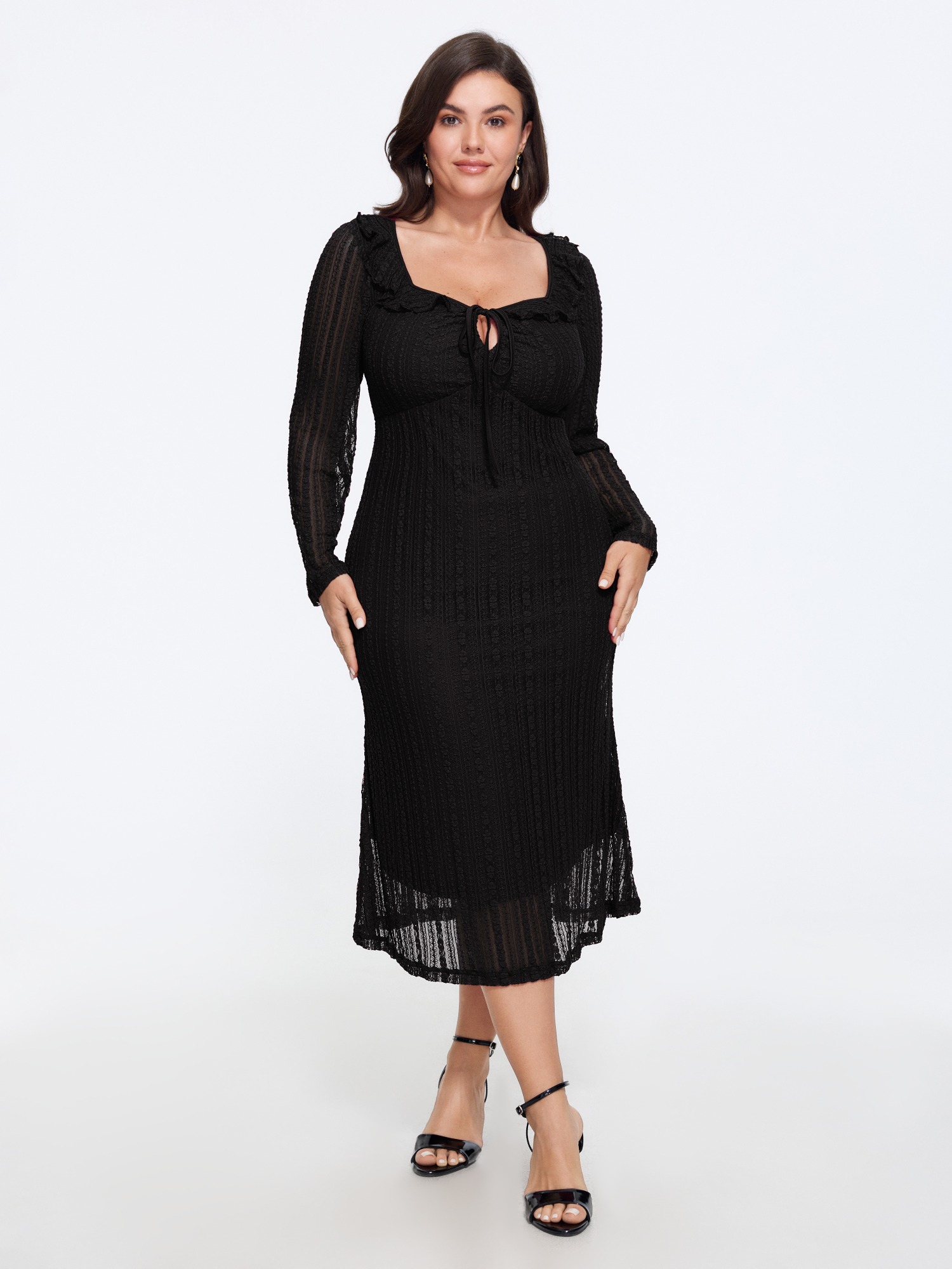 BloomChic Women's Plus Size Lace Mesh Square Neck Ruffle Tie Front Midi Dress Black Solid Midi Everyday-Elegant Lace-Up 28/5X