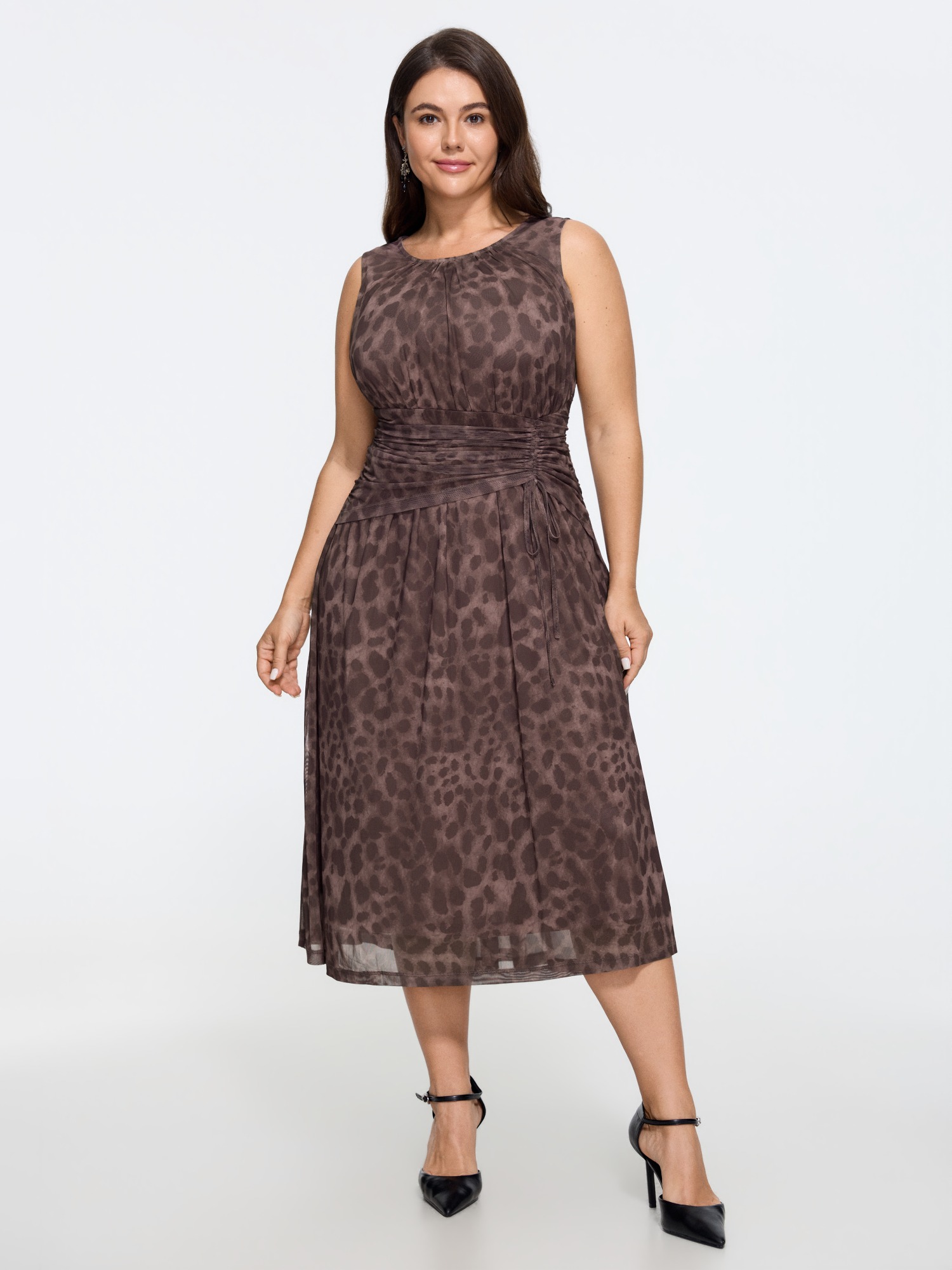 BloomChic Women's Plus Size Leopard Print Mesh Ruched Waist Midi Dress Browncoffeecolor Leopard Midi Elegant Wrap / Overlap 18-20/2X