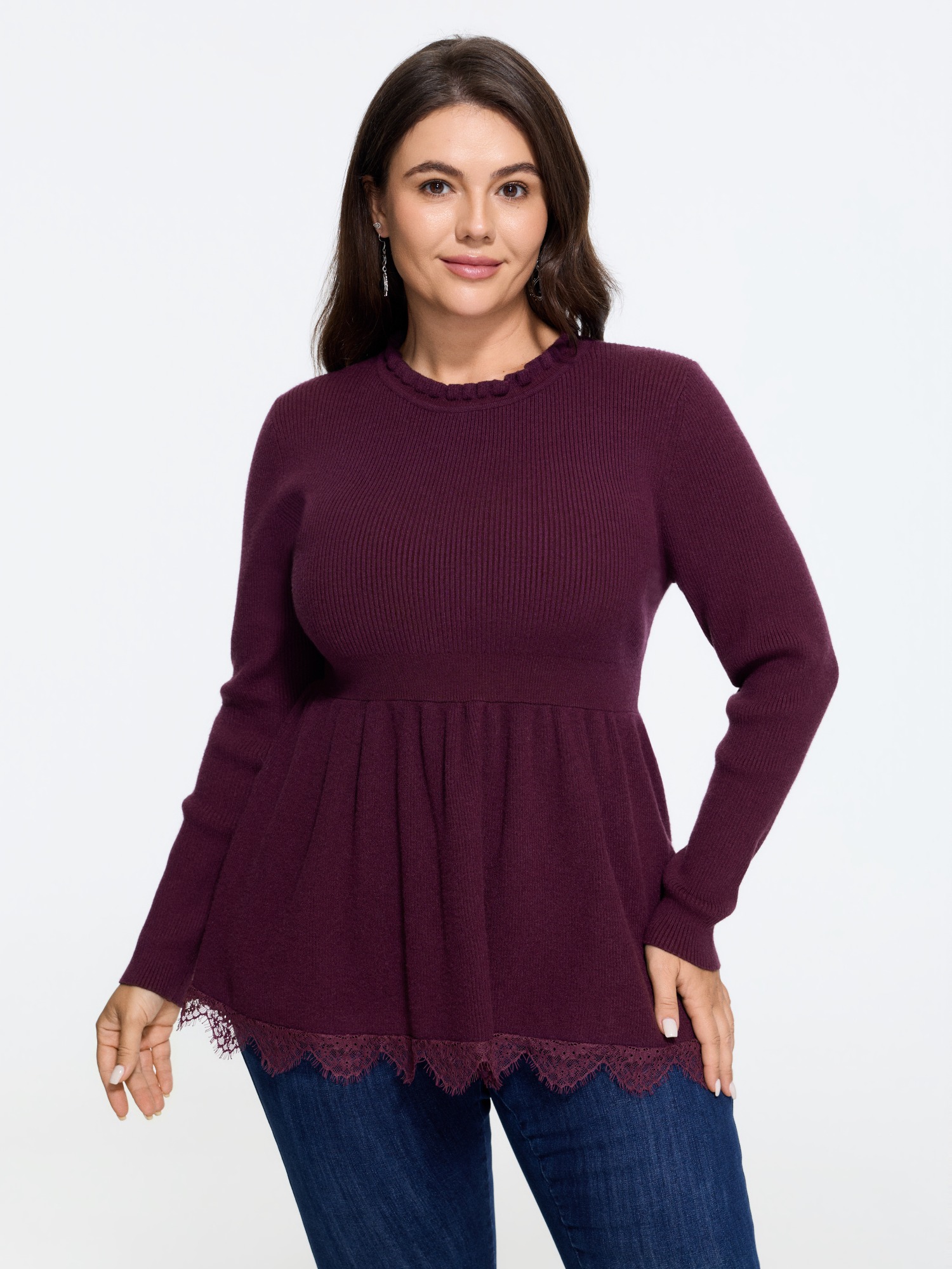 BloomChic Women's Plus Size Supersoft Ruffle Neck Lace Hem Peplum Pullover Plum Long Sleeve Round Neck 22-24/3X