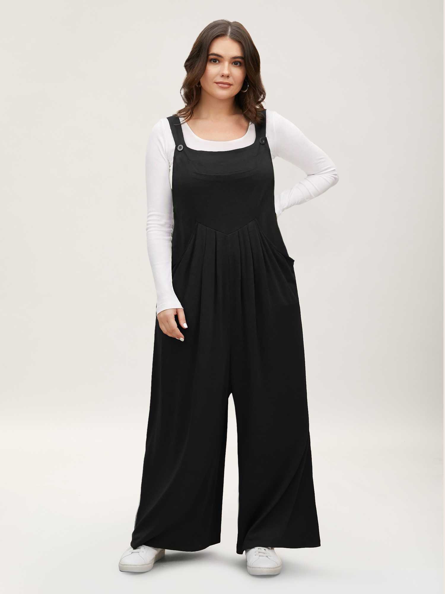 BloomChic Plus Size Supersoft Essentials Solid Pleated Pocket Jumpsuit - Curve Women's Black Playsuit - Adaptive-Fit Patch pocket Wide leg Jumpsuits 14/M