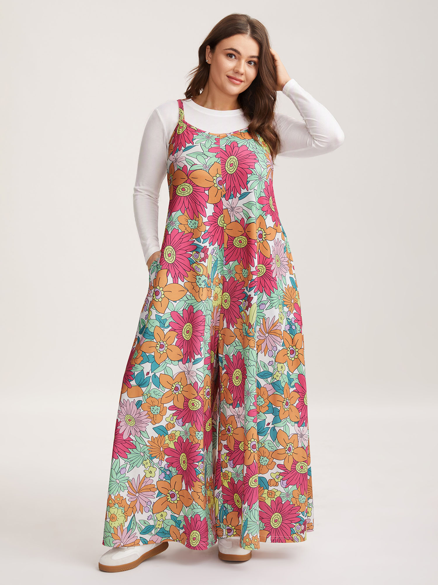 BloomChic Plus Size Stretchy Vivid Groove Floral Wide Leg Jumpsuit - Curve Women's Multicolor Playsuit - Side Pocket Wide leg Jumpsuits 14/M