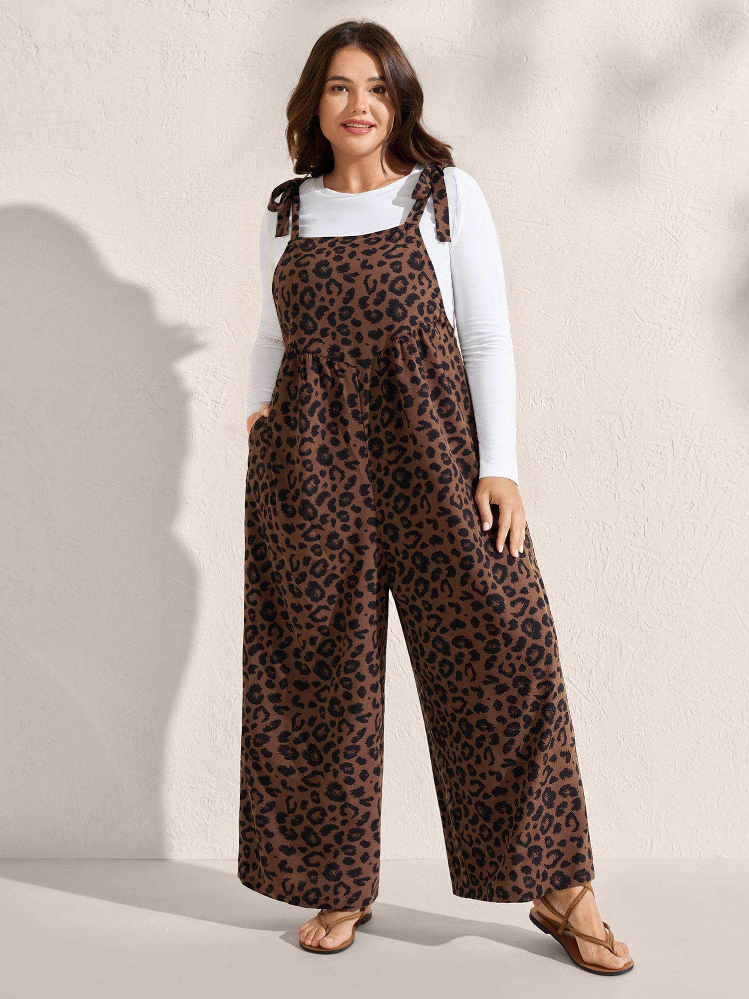 BloomChic Plus Size Leopard Print Pockets Shoulder Ties Jumpsuit - Curve Women's Leopard Playsuit - Comfort Waist Fit Side Pocket Wide leg Jumpsuits 30/4X