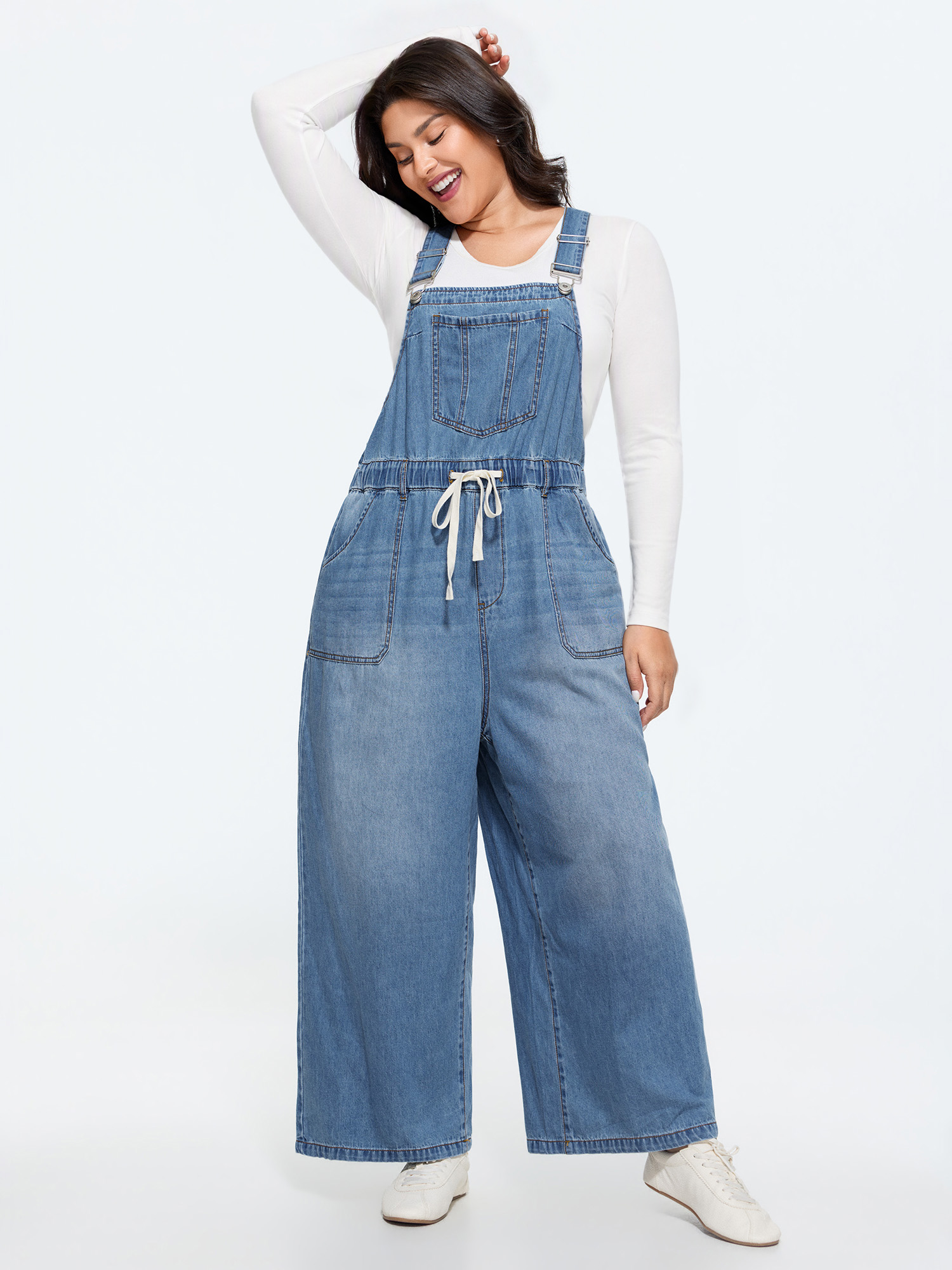 BloomChic Women's Plus Size Supersoft Drawstring Waist Wide Leg Jumpsuit Denimblue Everyday-Casual 10/M