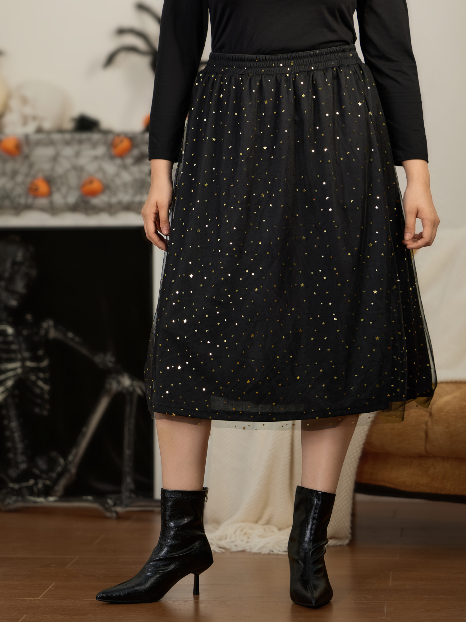 BloomChic Women's Plus Size Star Print Layered Sheer Mesh Midi Skirt Black Non A-line Occasion 10/M