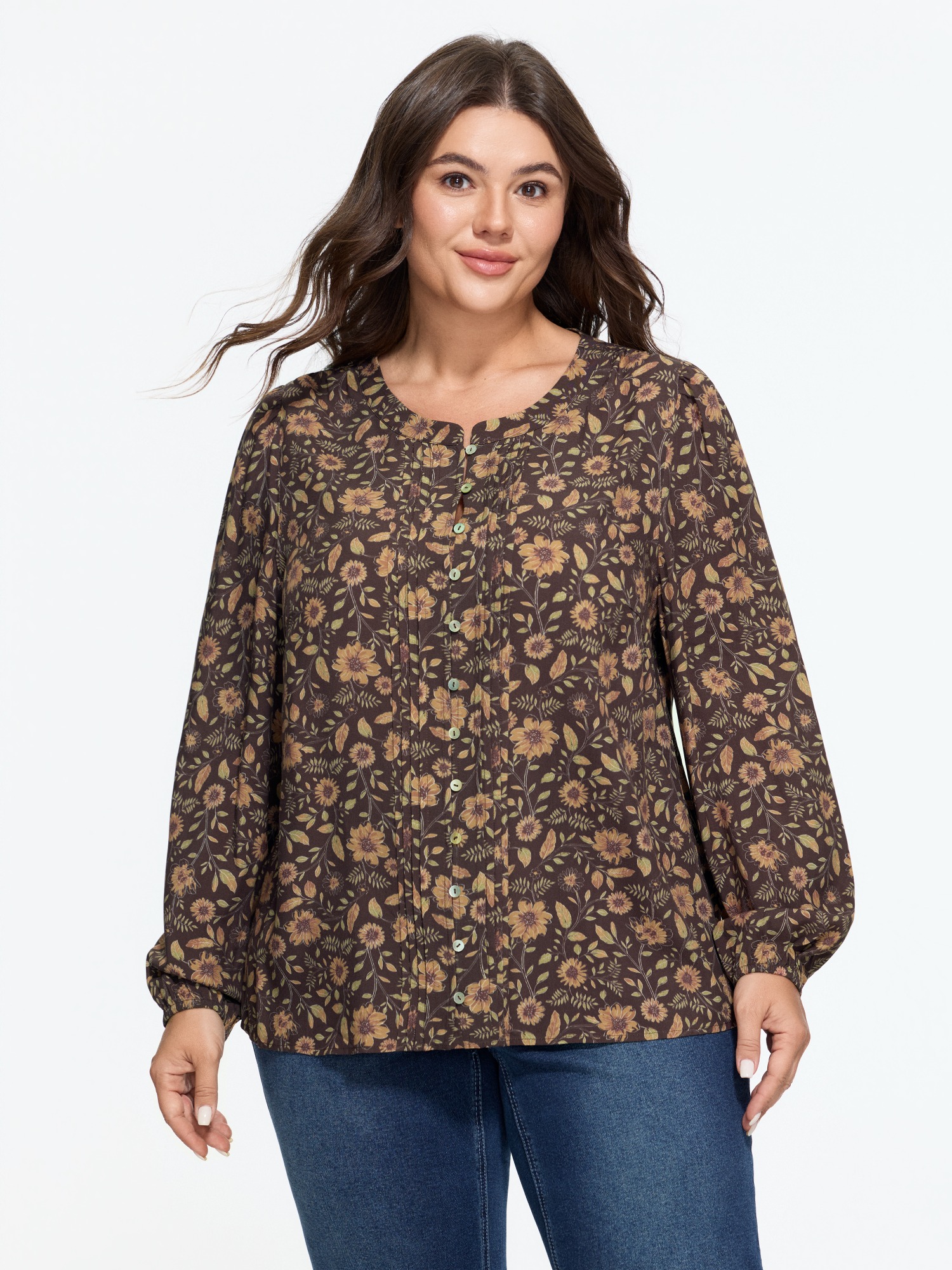 BloomChic Women's Plus Size Supersoft Vintage Floral Pleated Long Sleeve Shirt DarkBrown Everyday-Casual Long Sleeve V-Notch Neck 10/M