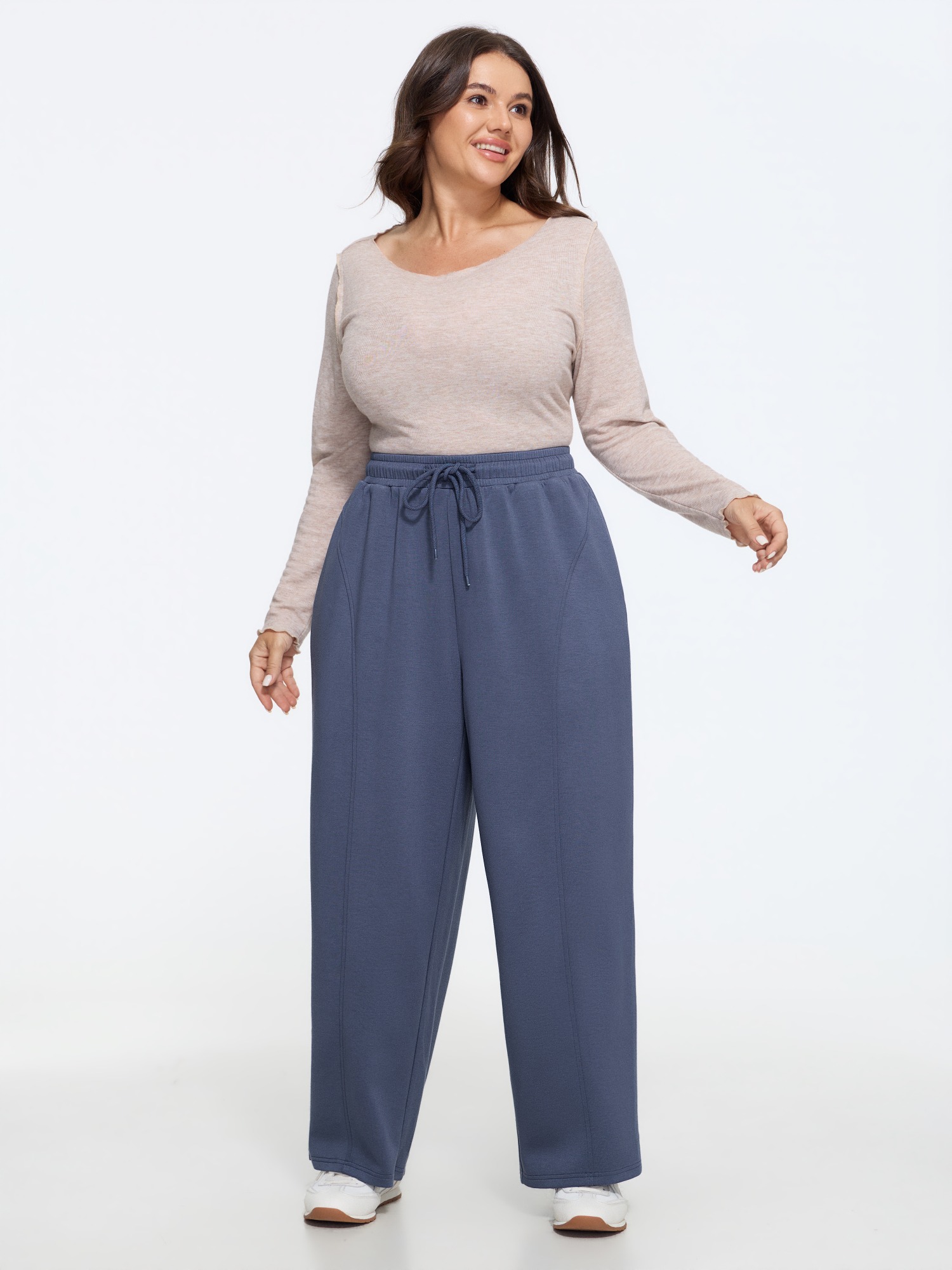 BloomChic Women's Plus Size Stretch Drawstring Waist Stitch Detail Wide Leg Pants Stone Solid Straight fit Mid Rise 10/M