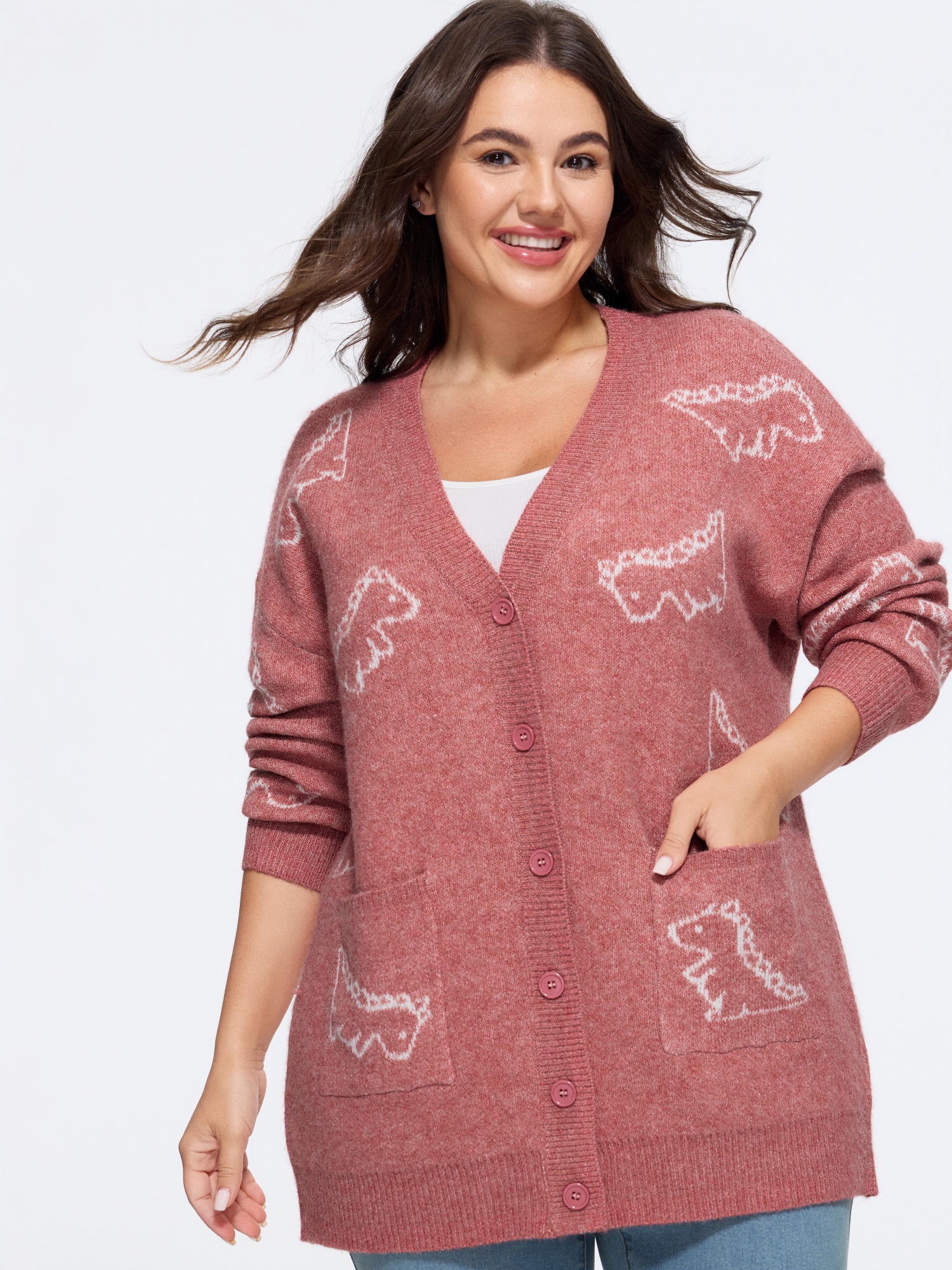 BloomChic Women's Plus Size Jacquard Dinosaur Print Knit Cardigan Garnet Long Sleeve V-Neck 10/M