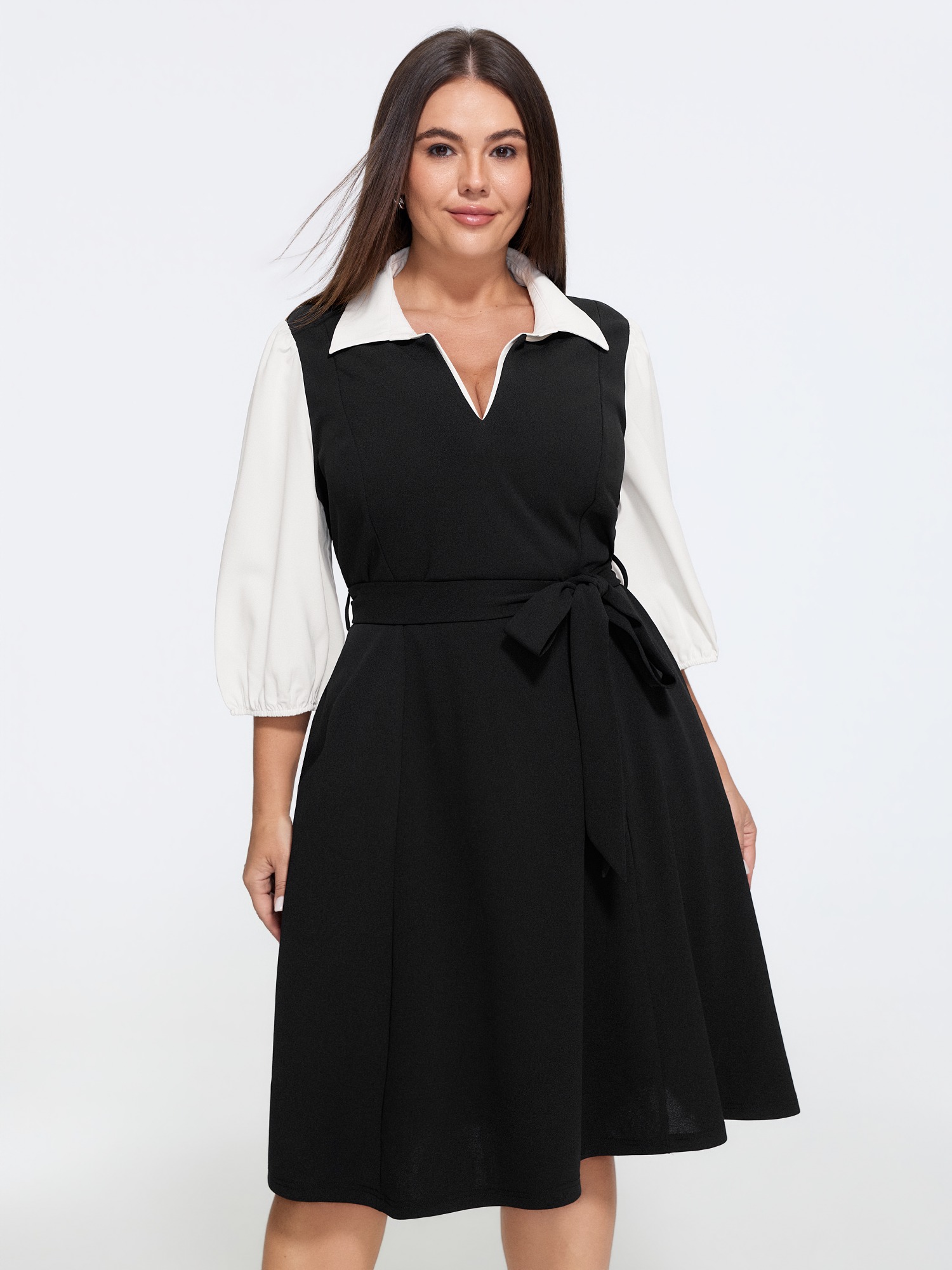 BloomChic Women's Plus Size Color Block Shirt Collar Tie Waist Mini Dress Black Solid Mini Office Colorblock 18-20/2X