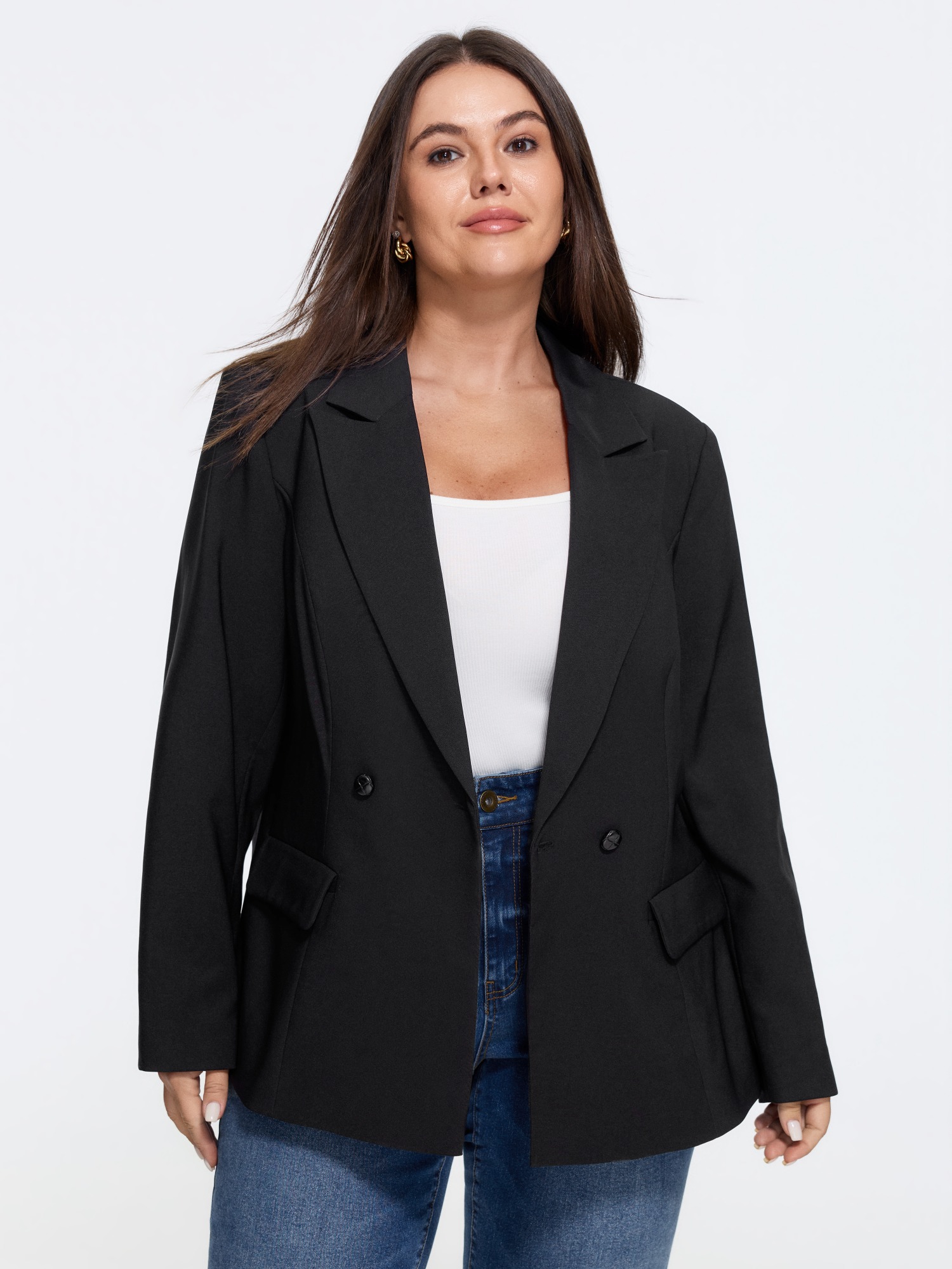 BloomChic Women's Plus Size Lapel Collar Double Breasted Blazer Black Button Front Sleeve Long Sleeve Notched Lapel 12/L
