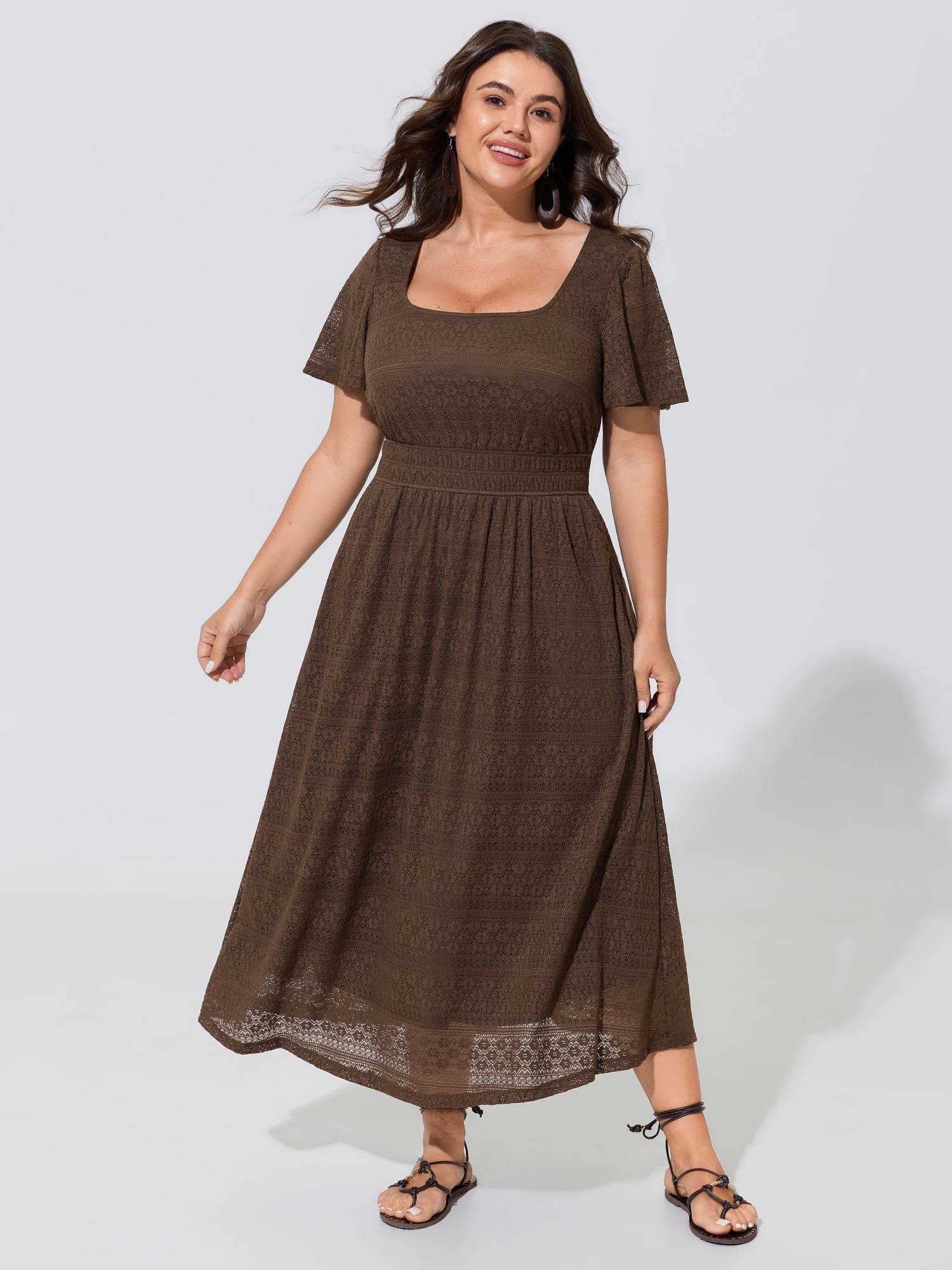 BloomChic Women's Plus Size Square Neck Sheer Lace Midi Dress DarkBrown Vacation Midi Smocked Square Neck 10/M