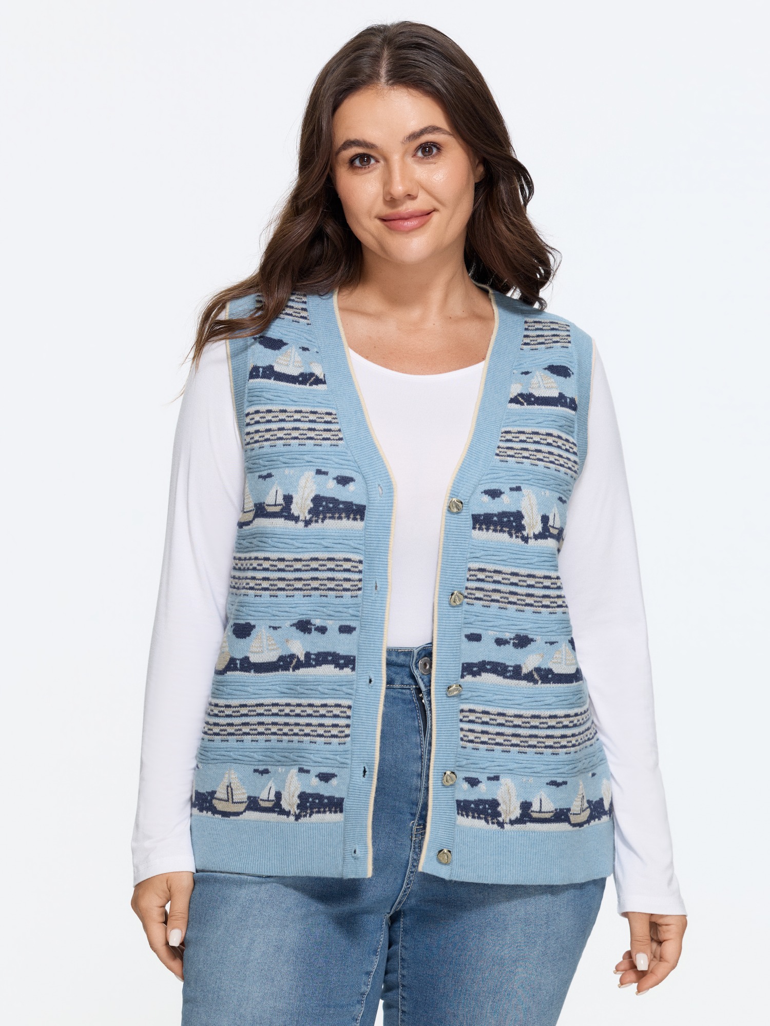 BloomChic Supersoft Nautical Sailboat Jacquard Sweater Vest Women's Plus Size Women LightBlue V-Neck 10/M