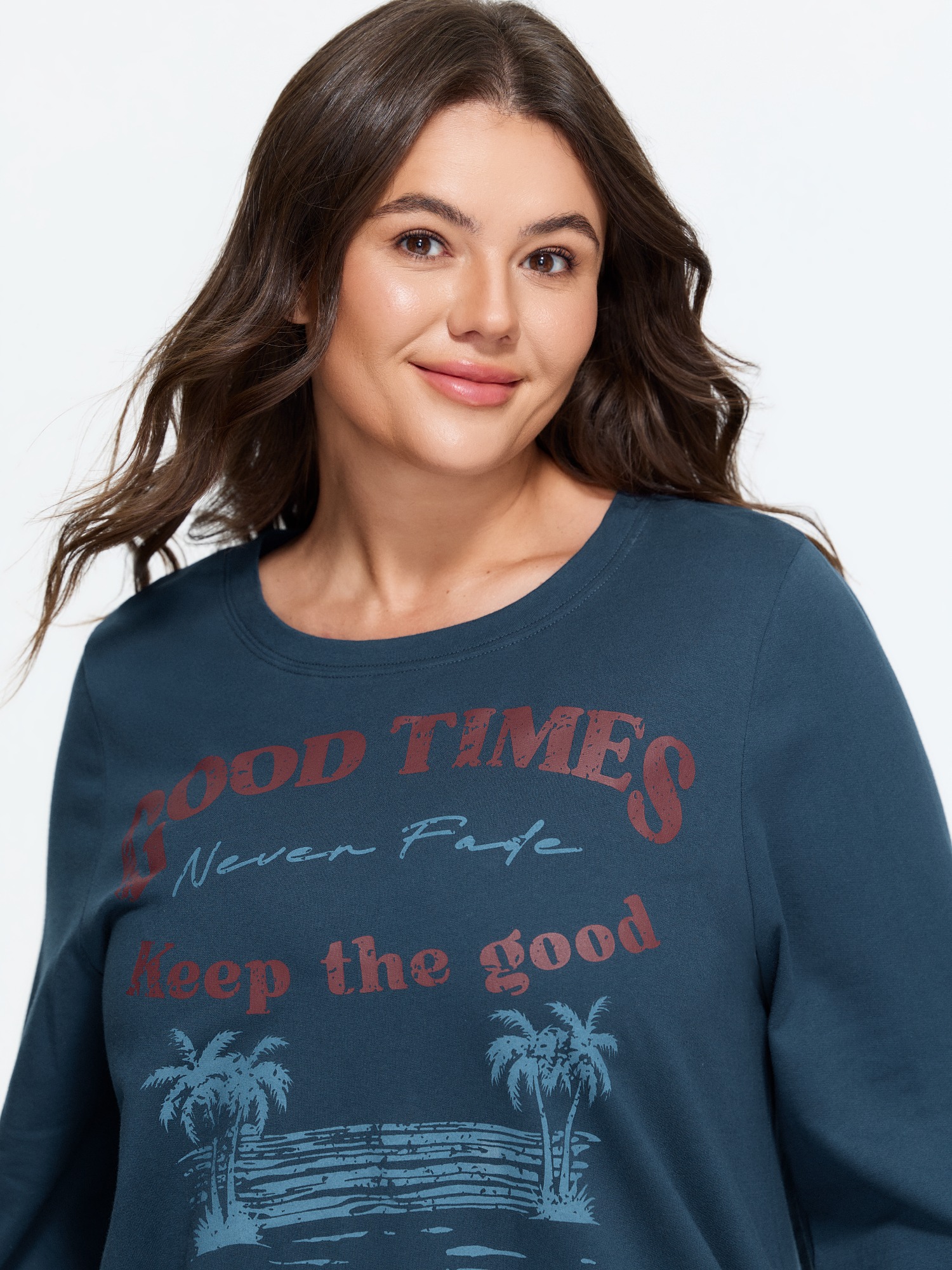 BloomChic Women's Plus Size Cotton Coconut Tree Letter Print Crew Neck Sweatshirt DarkBlue Everyday-Casual Round Neck 10/M