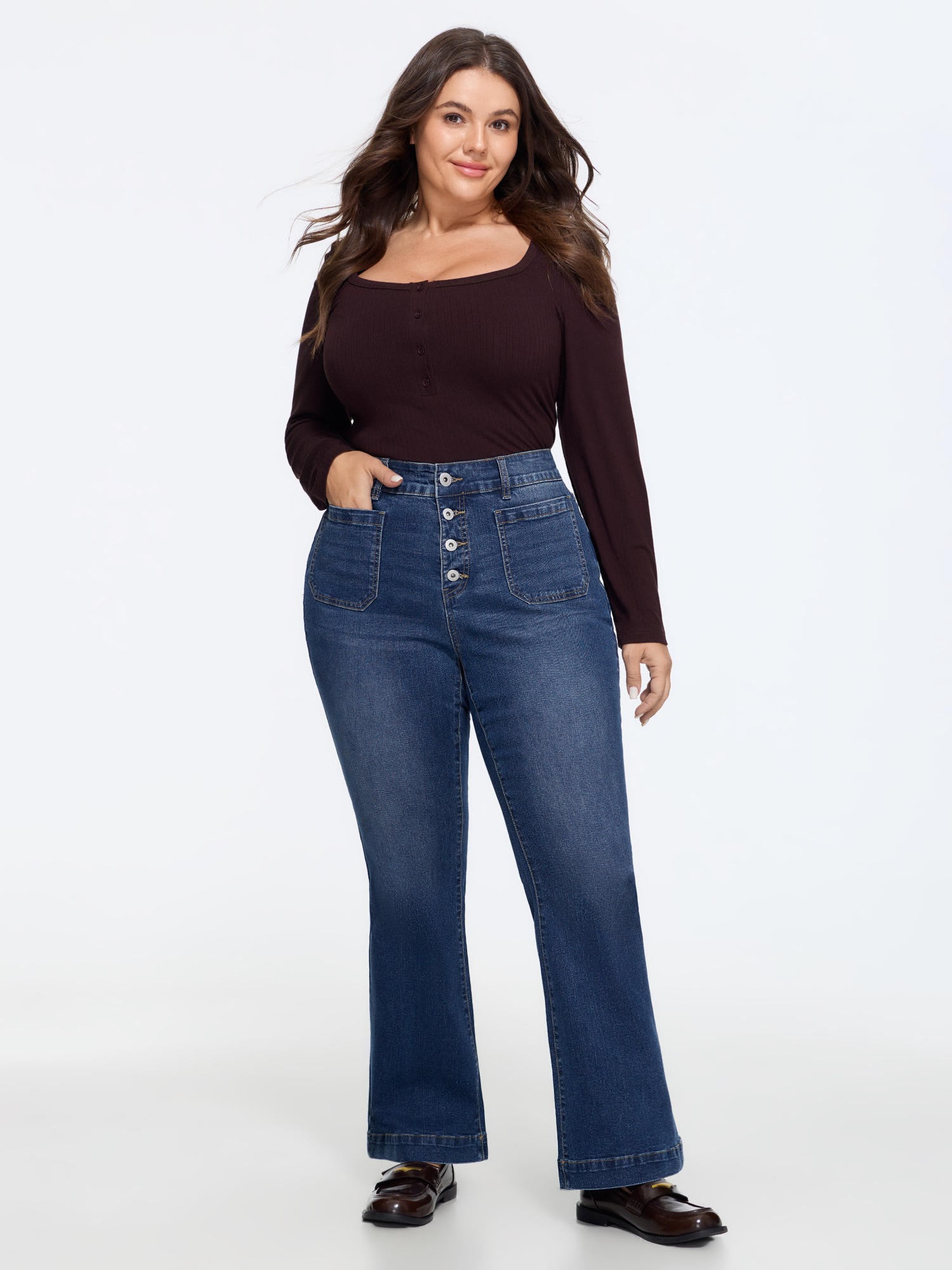 BloomChic Women's Plus Size Stretch Retro Button Front Patch Pocket Jeans Midblue Button Front Flared High stretch 10/M