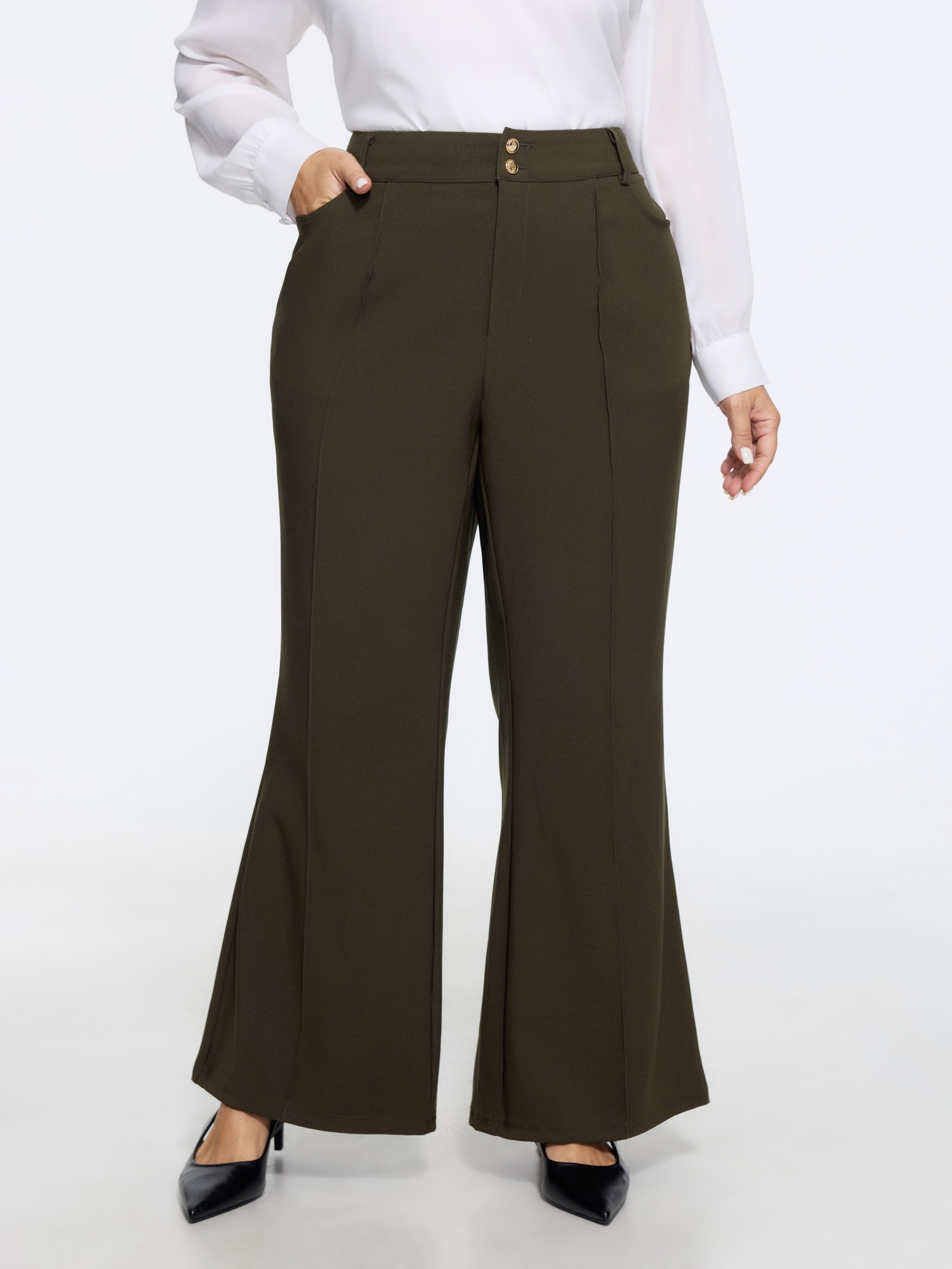 BloomChic Women's Plus Size Stretchy Double Button Pocket Flare Pants ArmyGreen Solid Flared Mid Rise Office 10/M