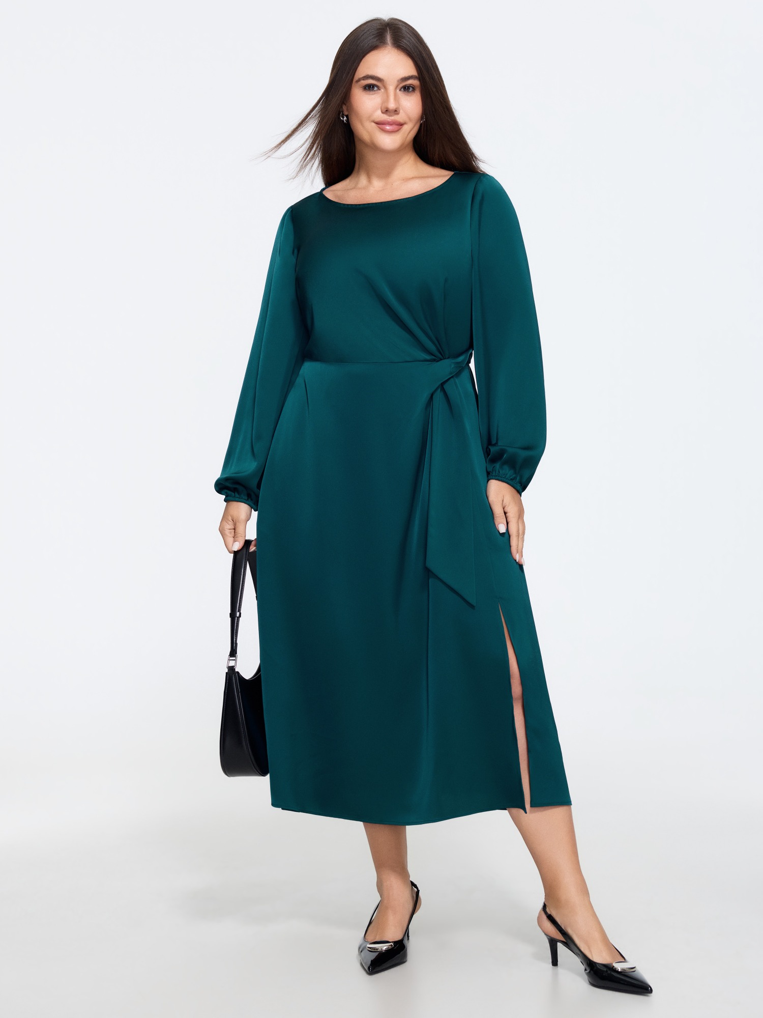 BloomChic Women's Plus Size Satin Waist Tie Slit Formal Midi Dress Dark Green Solid Midi Office Wrap / Overlap 10/M