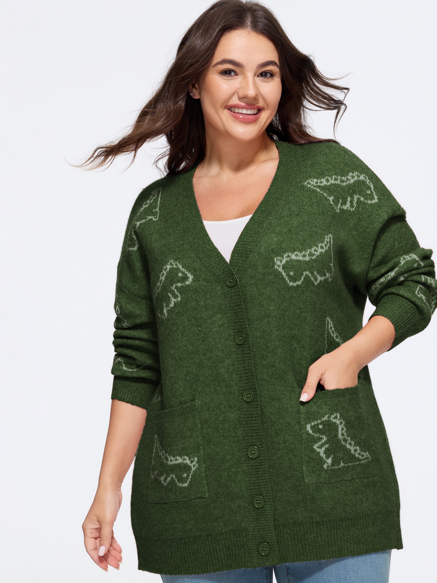 BloomChic Women's Plus Size Jacquard Dinosaur Print Knit Cardigan Black Forest Long Sleeve V-Neck 10/M