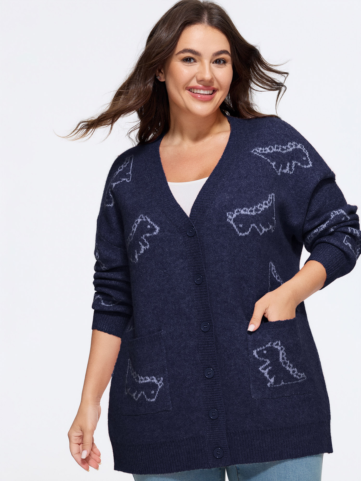 BloomChic Women's Plus Size Jacquard Dinosaur Print Knit Cardigan Ocean Long Sleeve V-Neck 10/M