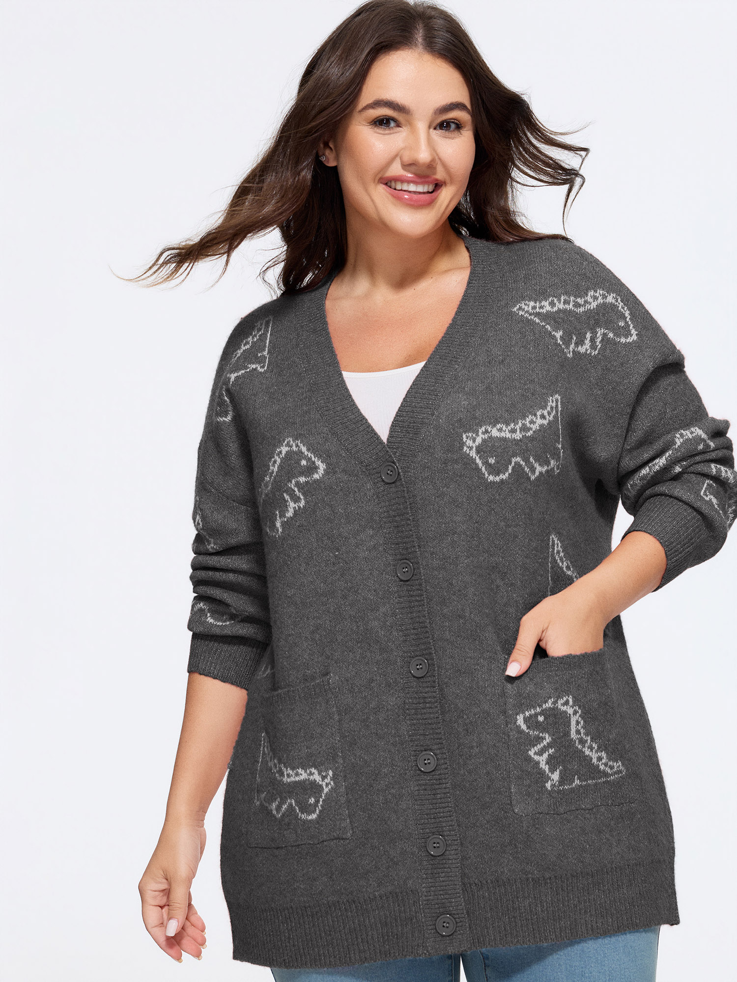 BloomChic Women's Plus Size Jacquard Dinosaur Print Knit Cardigan Charcoal Gray Long Sleeve V-Neck 10/M