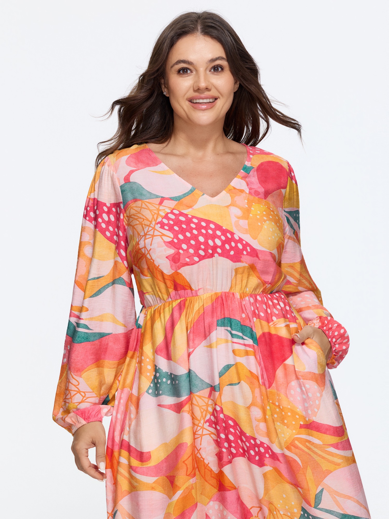 BloomChic Women's Plus Size Supersoft Abstract Floral Print Pocket Midi Dress Coral Color Block Midi Everyday-Casual Ruched 10/M