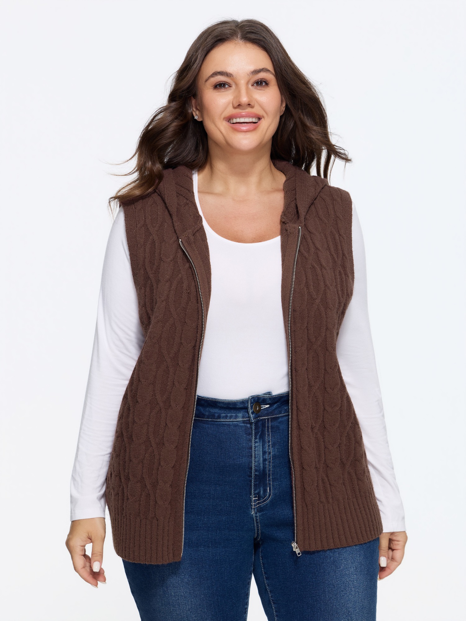 BloomChic Zip Up Cable Knit Hooded Sweater Vest Women's Plus Size Women Tan Hooded Neck 10/M