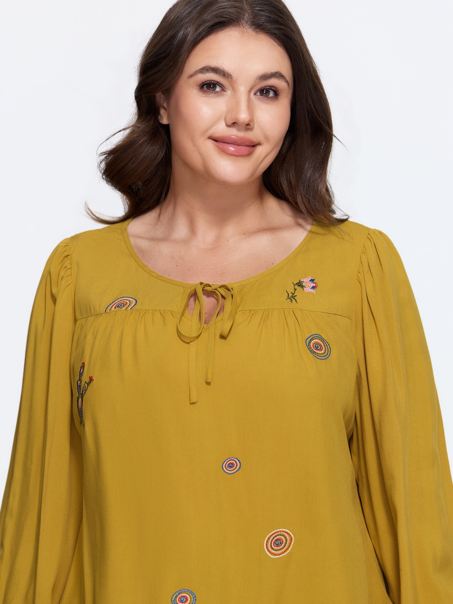 BloomChic Women's Plus Size Supersoft Floral Embroidered Tie Neck Blouse Turmeric Tropical Everyday-Casual Long Sleeve V-Notch Neck 12/L