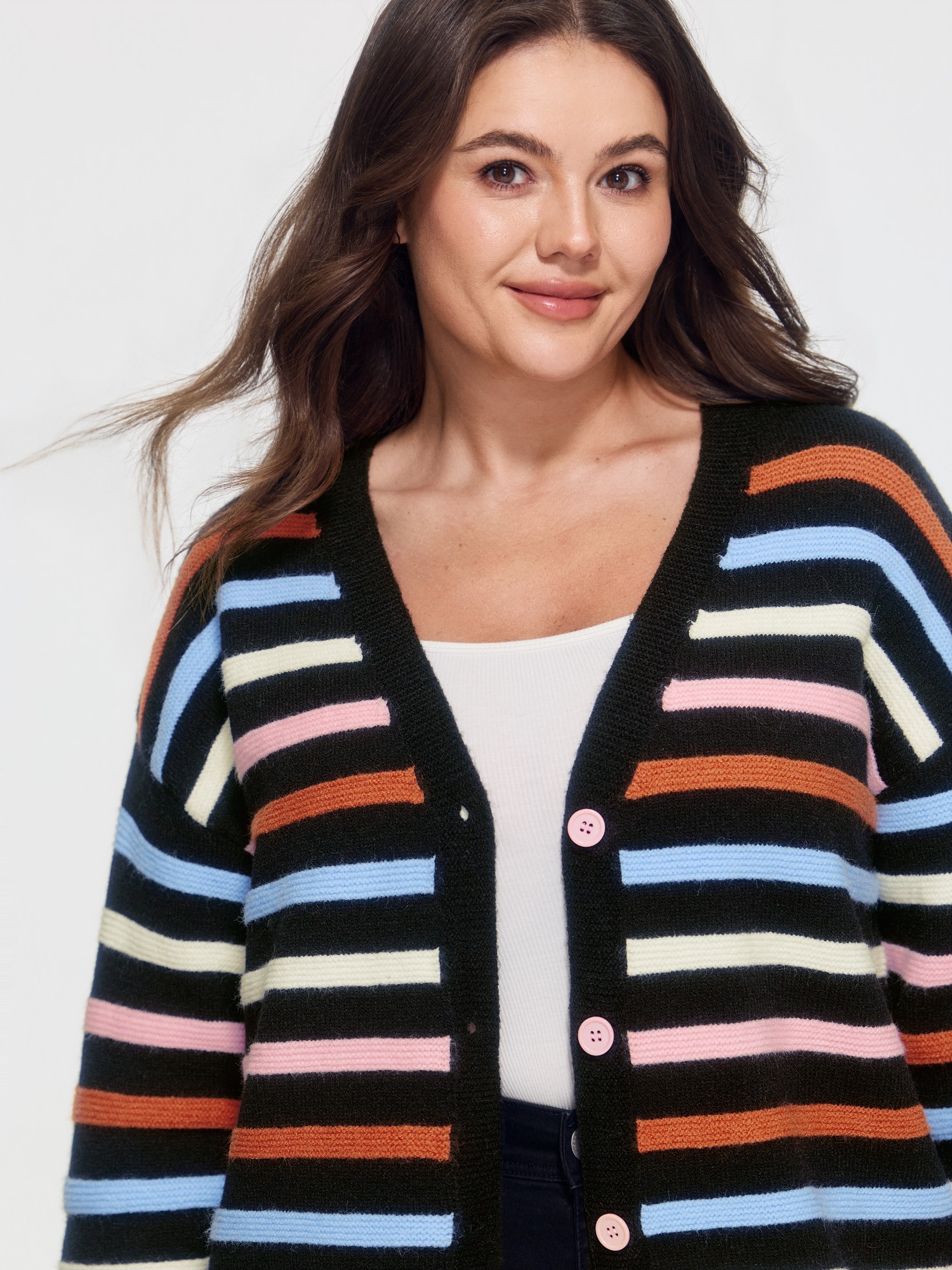 BloomChic Women's Plus Size Color Block Striped Button Front Cardigan Multicolor Long Sleeve V-Neck 10/M