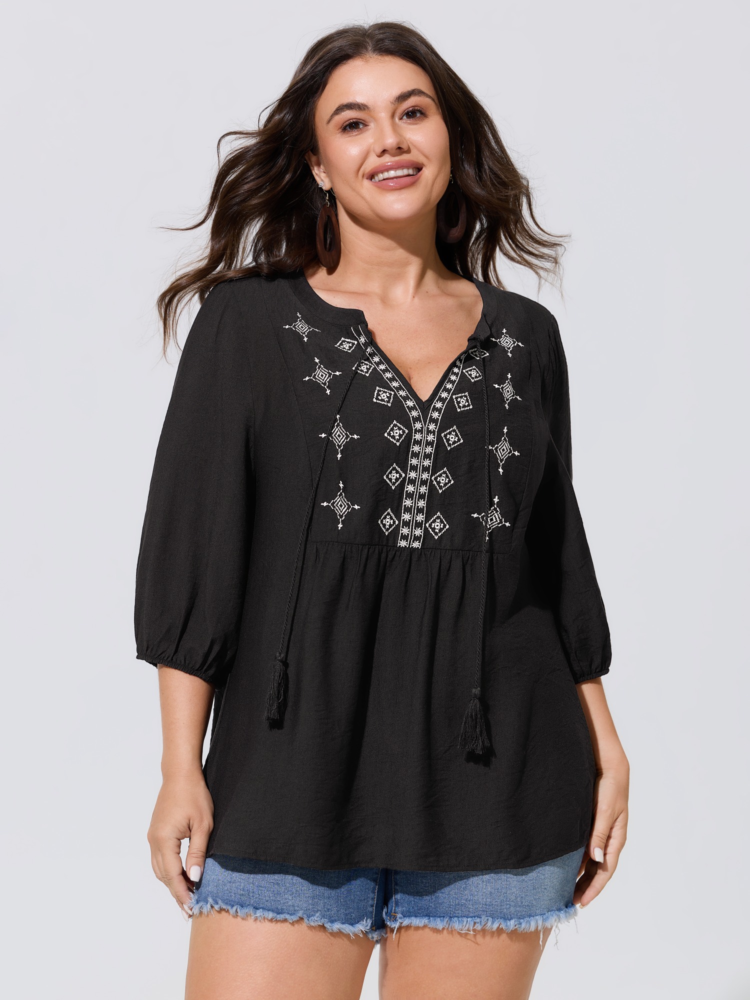 BloomChic Women's Plus Size Supersoft Boho Embroidered Tassel Tie Blouse Black Solid Vacation 3/4 Sleeve V-Notch Neck 10/M