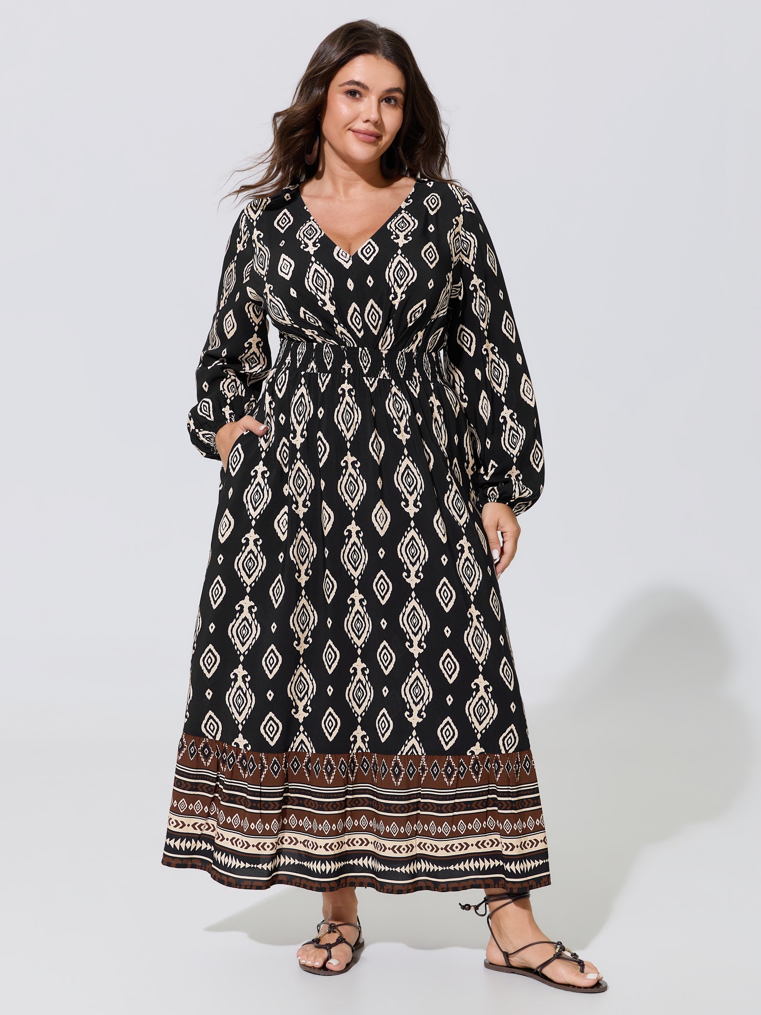 BloomChic Women's Plus Size Supersoft Boho Print Shirred Waist Maxi Dress BlackFlower Ethnic Floral Maxi Vacation Smocked 22-24/3X