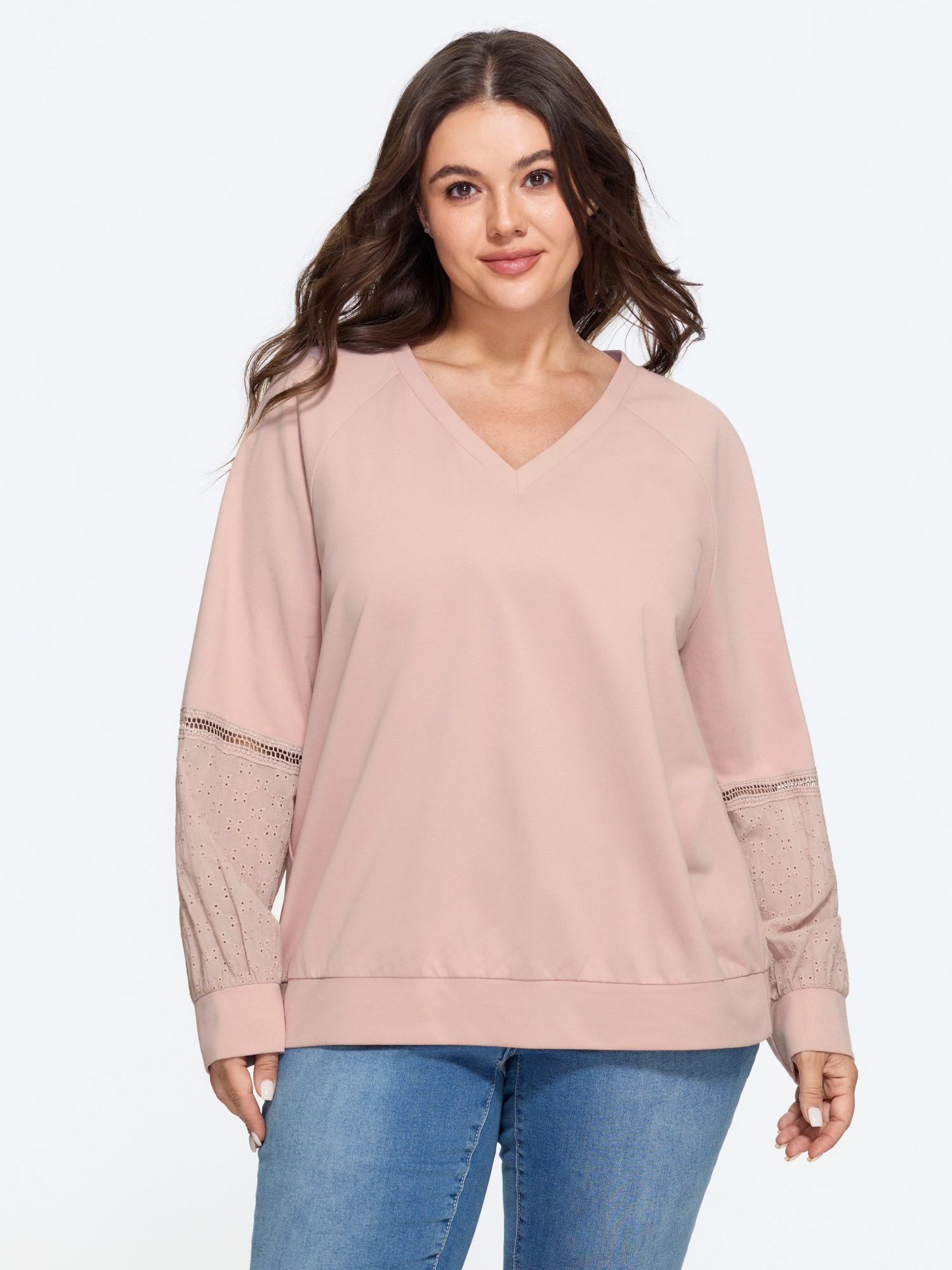 BloomChic Women's Plus Size V Neck Eyelet Embroidery Patchwork Sweatshirt Dirtypink Everyday-Casual Deep V-Neck 10/M
