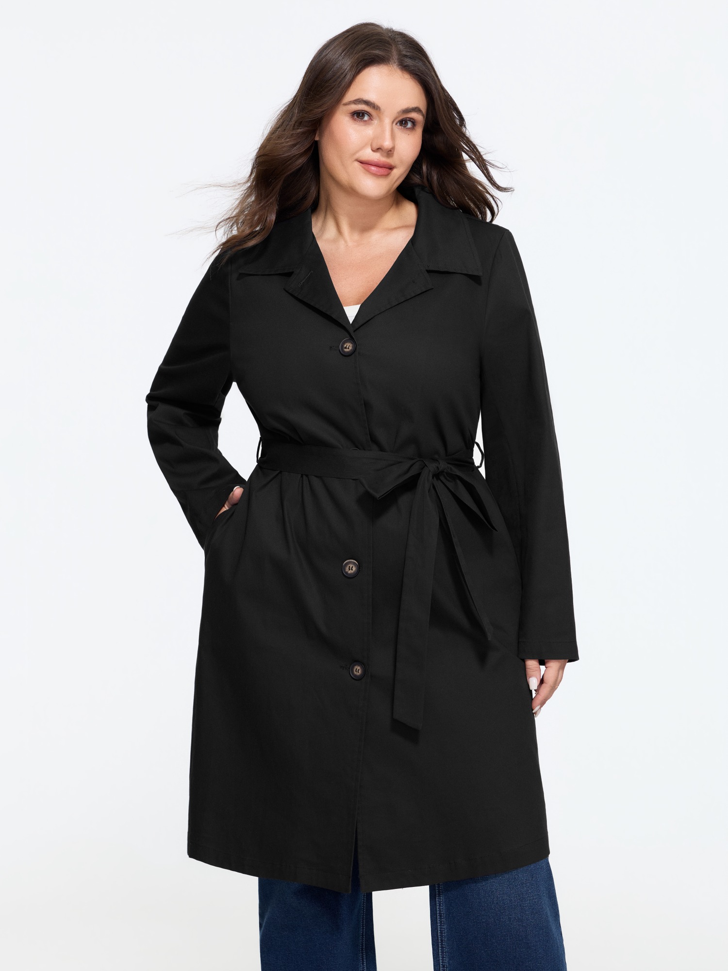 BloomChic Plus Size Lapel Collar Single Breasted Belted Trench Coat - Curve Women's Winterwear- Black Comfort Midsection Fit Tunic A-line Trench Coats 14/M