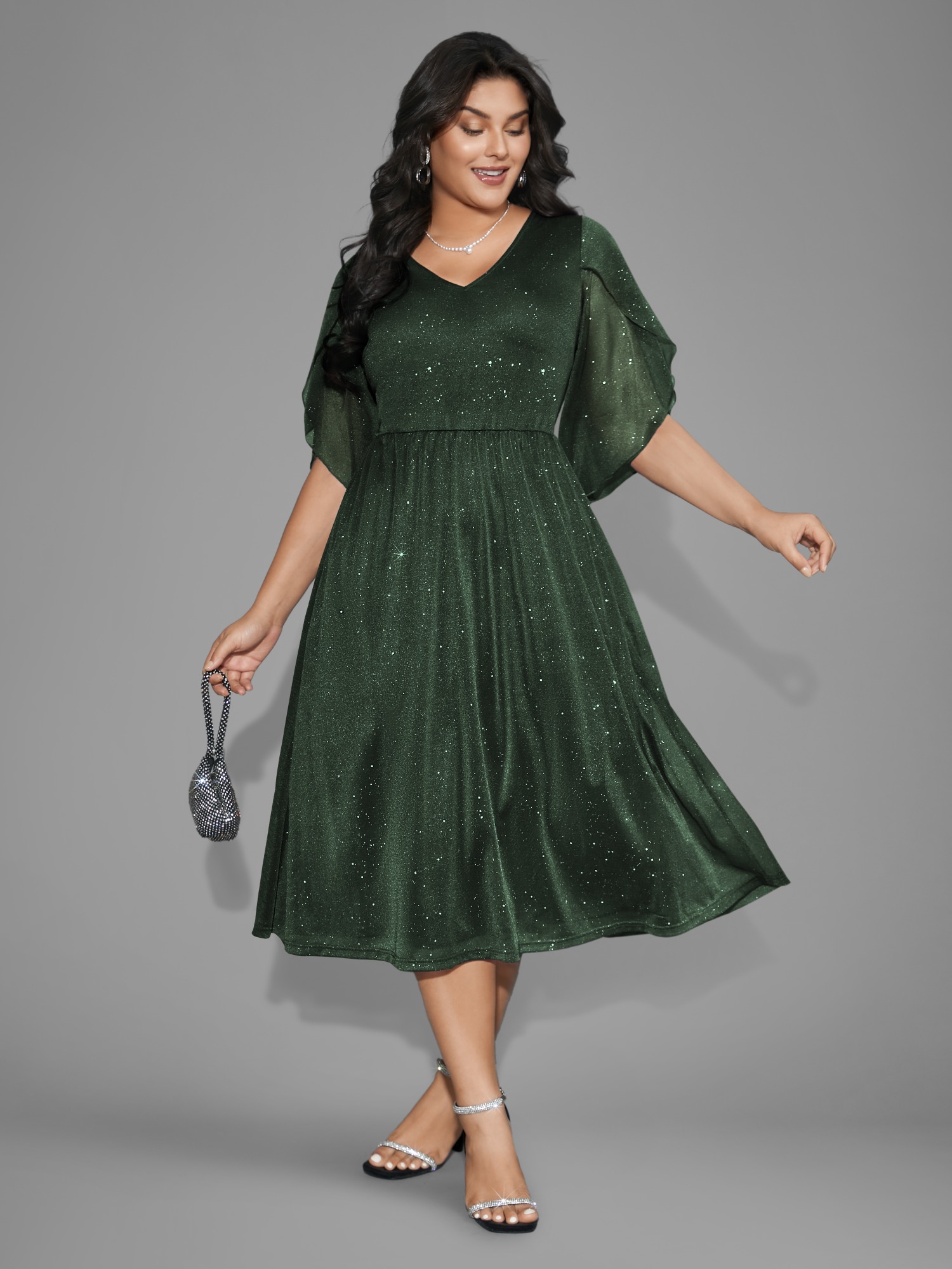 BloomChic Women's Plus Size Glitter Mesh Petal Sleeve Midi Dress Evergreen Occasion Midi Non V-Neck 10/M