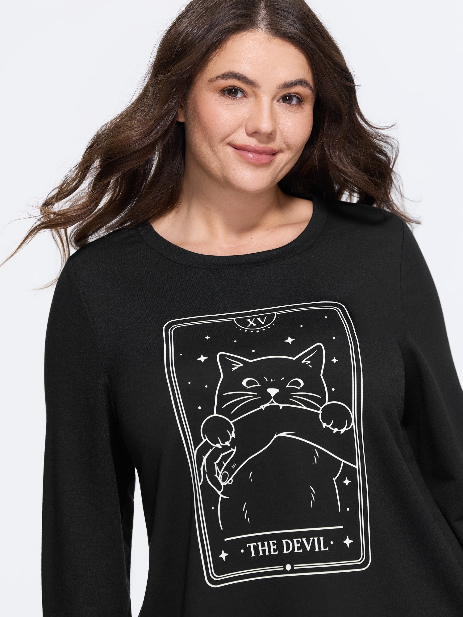 BloomChic Women's Plus Size Tarot Cat Print Long Sleeve Round Neck Sweatshirt Black Everyday-Casual Round Neck 10/M