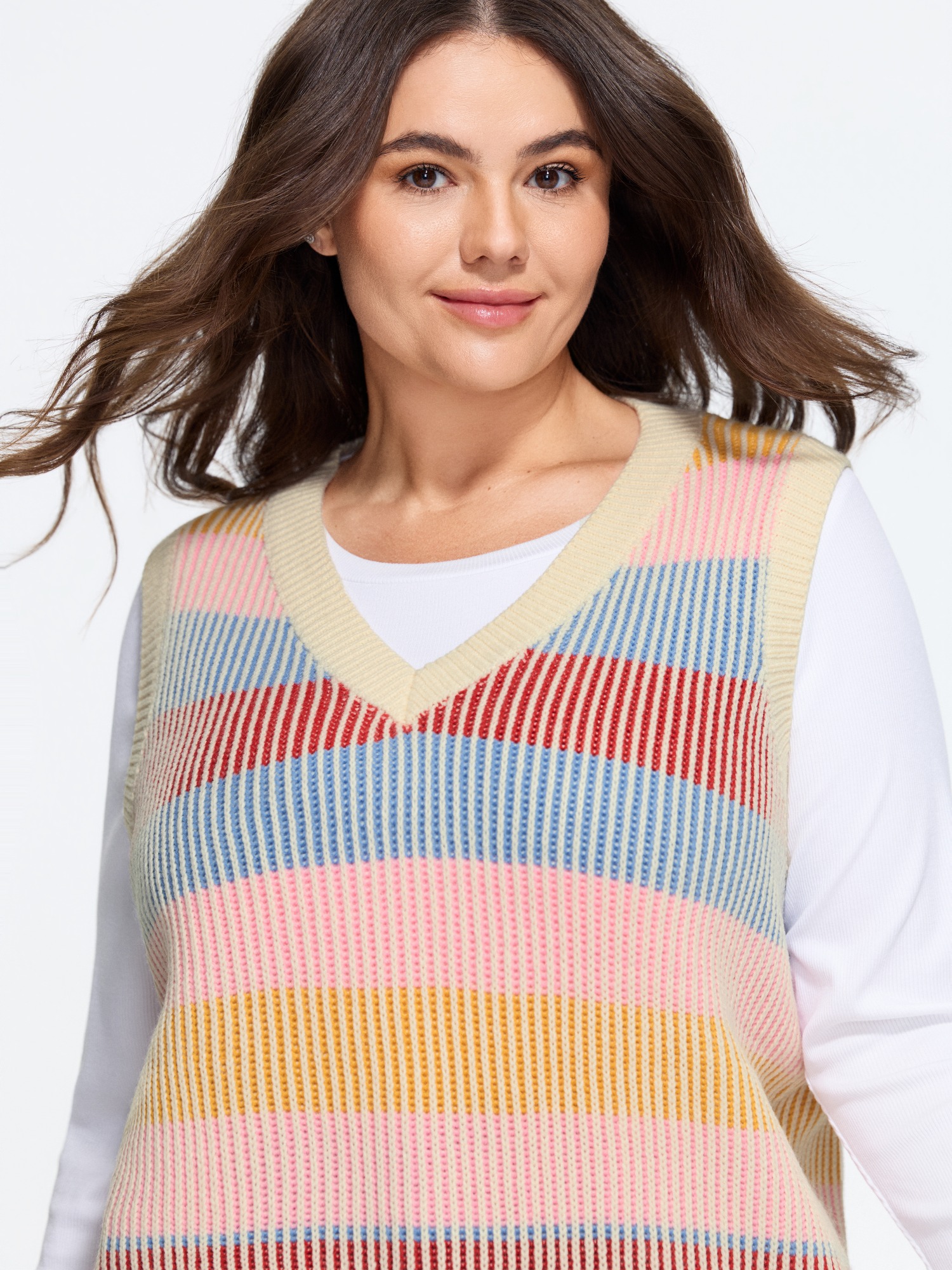 BloomChic Colorful Stripe V Neck Sweater Vest Women's Plus Size Women Multicolor V-Neck 10/M