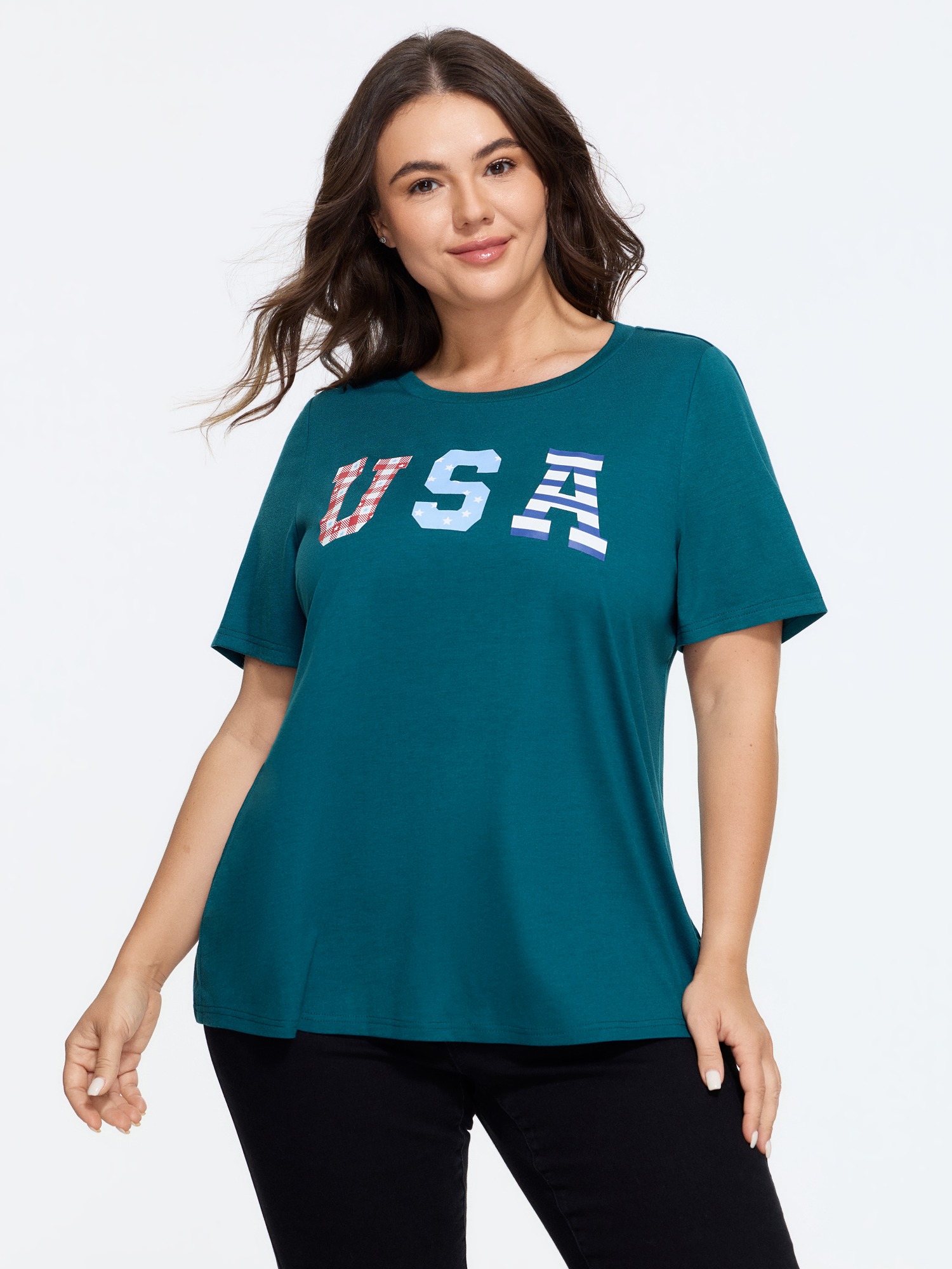 BloomChic Women's Plus Size Supersoft USA Flag Graphic T-Shirt Aegean Solid Everyday-Casual Short sleeve Round Neck 10/M
