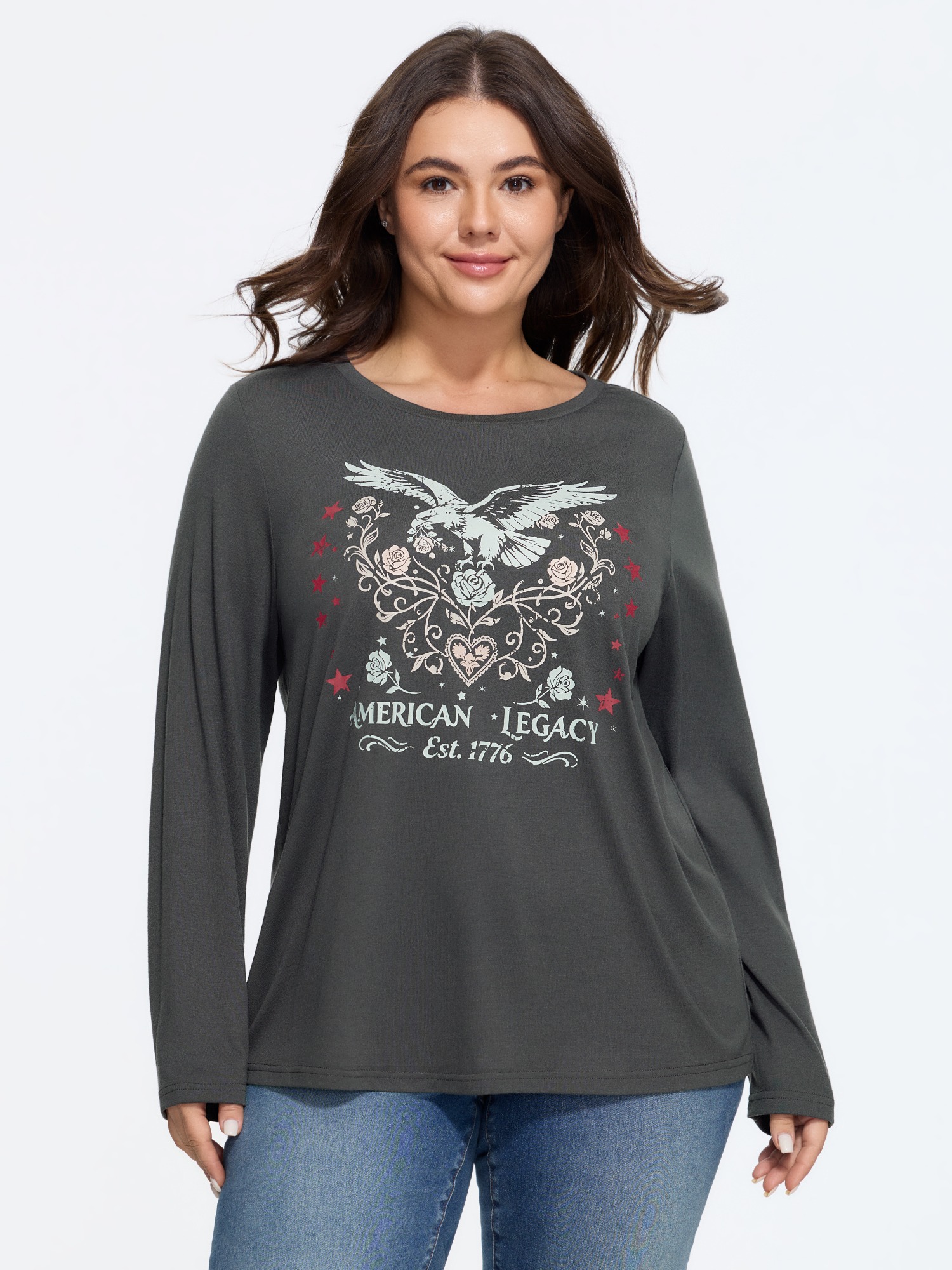 BloomChic Plus Size Supersoft Eagle Rose Print T-Shirt - Women's DimGray Solid Round Neck Comfort Midsection Fit Long Sleeve Americana Daily T-shirts 14/M