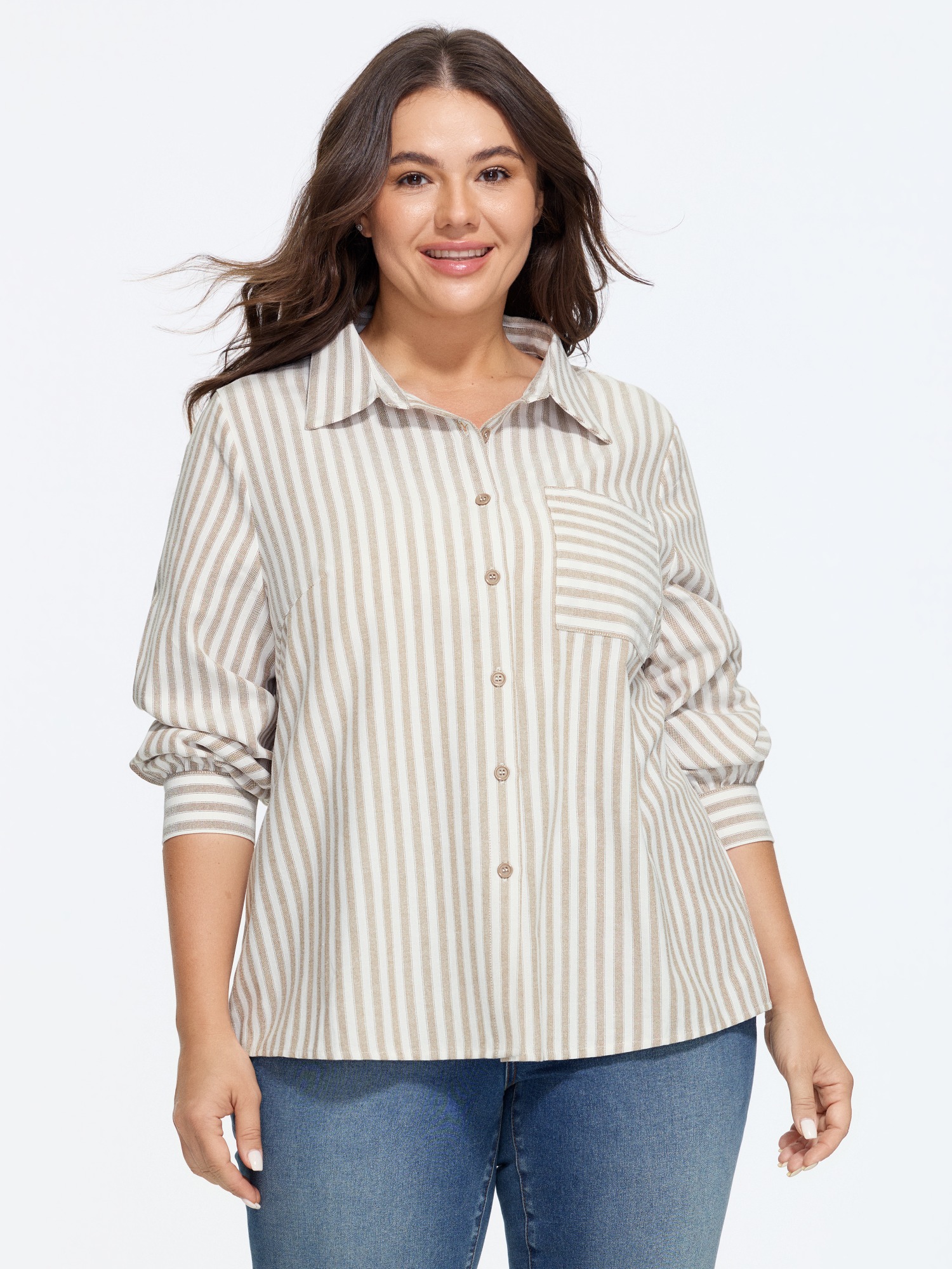 BloomChic Plus Size Striped Collared Button Down Shirt - Women's Yellowishbrown Stripes Collared Neck Comfort Midsection Fit Long Sleeve Americana Daily Shirts 30/4X