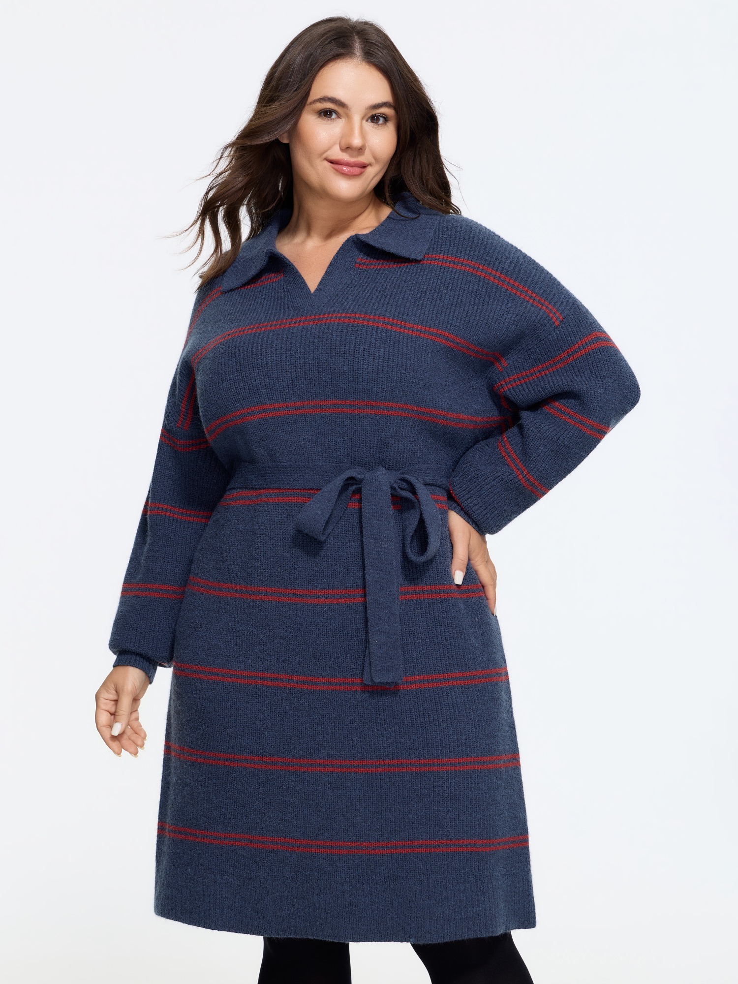 BloomChic Women's Plus Size Striped Polo Collar Belted Sweater Dress Indigo Stripes Midi Lace-Up 10/M