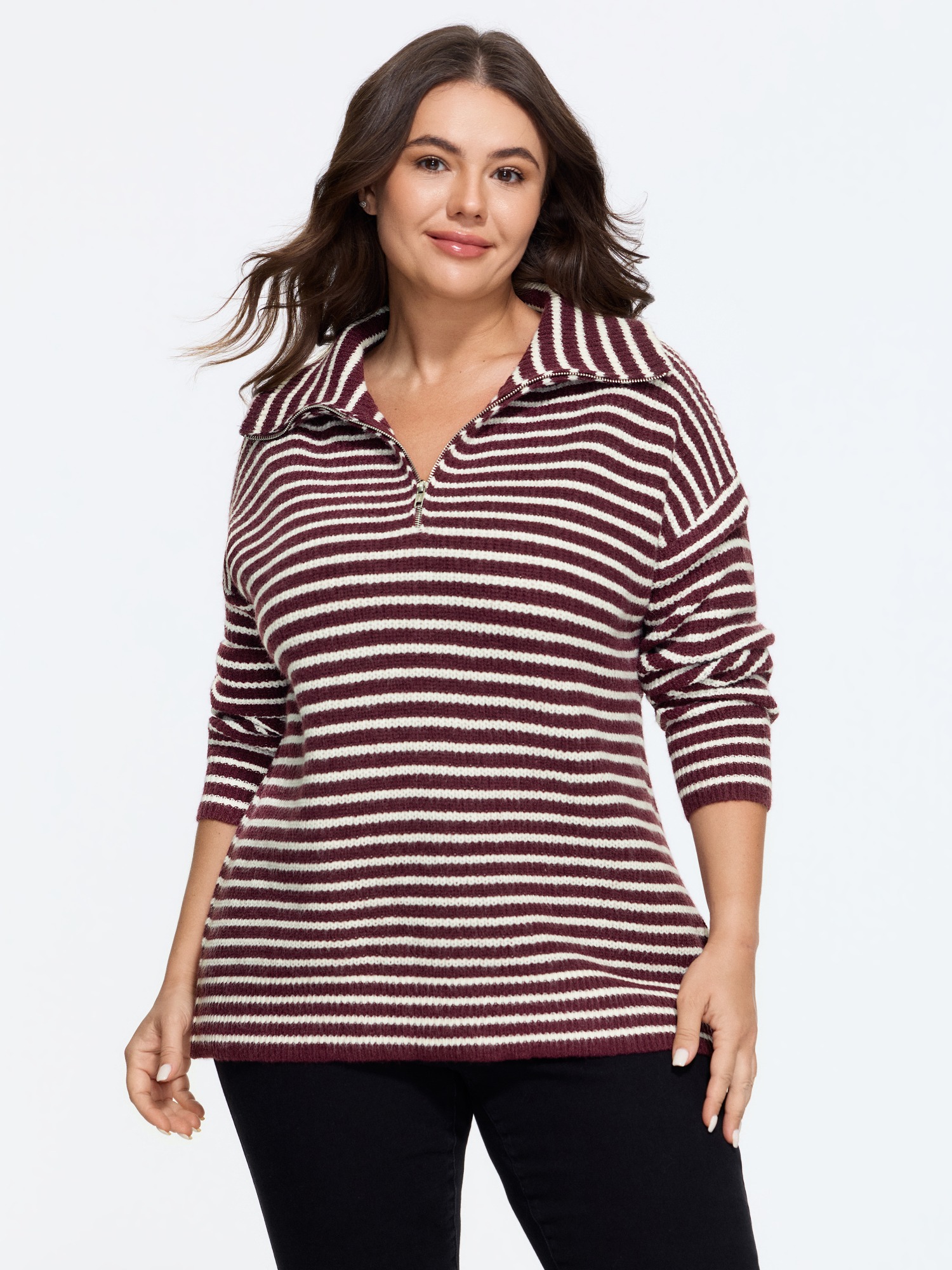 BloomChic Women's Plus Size Color Contrast Striped Half Zip Collar Pullover Deepred Long Sleeve Wide Lapel 10/M