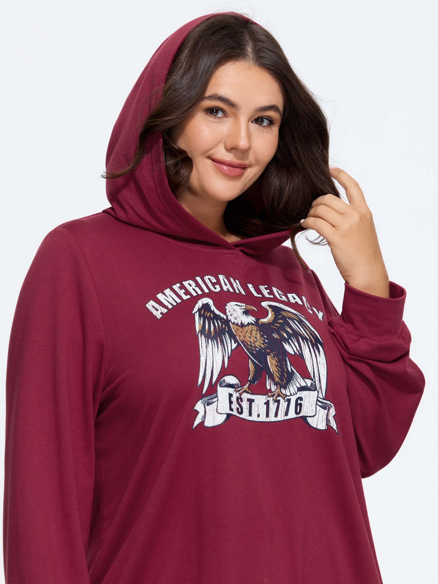 BloomChic Plus Size Supersoft Eagle Graphic Hoodie Sweatshirt - Women's Scarlet Solid Hooded Neck Comfort Midsection Fit Long Sleeve Americana Daily Sweatshirts 22-24/2X