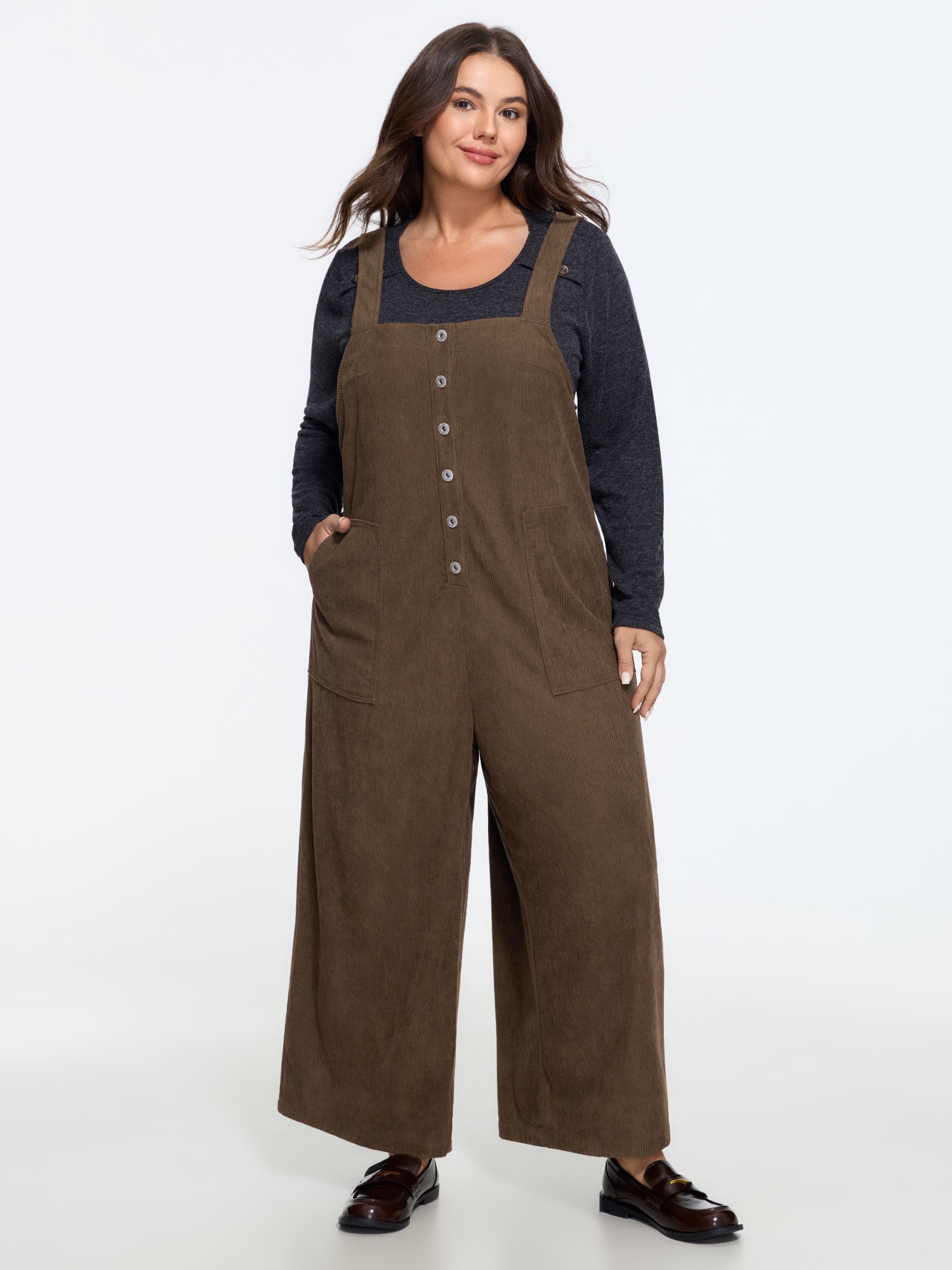 Bloomchic Corduroy Pocket Button Front Wide Leg Overalls Jumpsuit In Browncoffeecolor