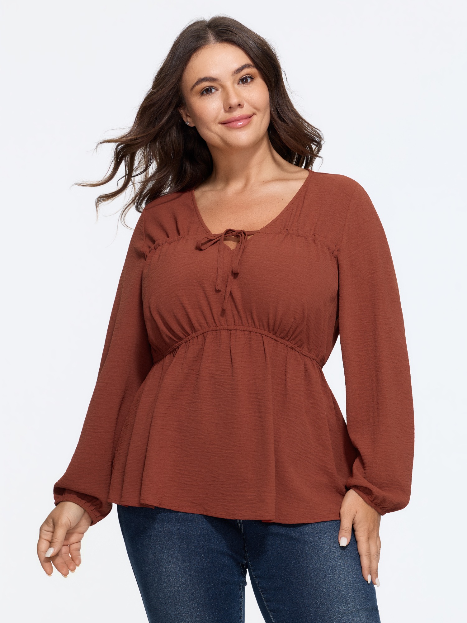 BloomChic Women's Plus Size V Neck Drawstring Waist Ruched Blouse Rust Solid Everyday-Casual Long Sleeve Deep V-Neck 10/M