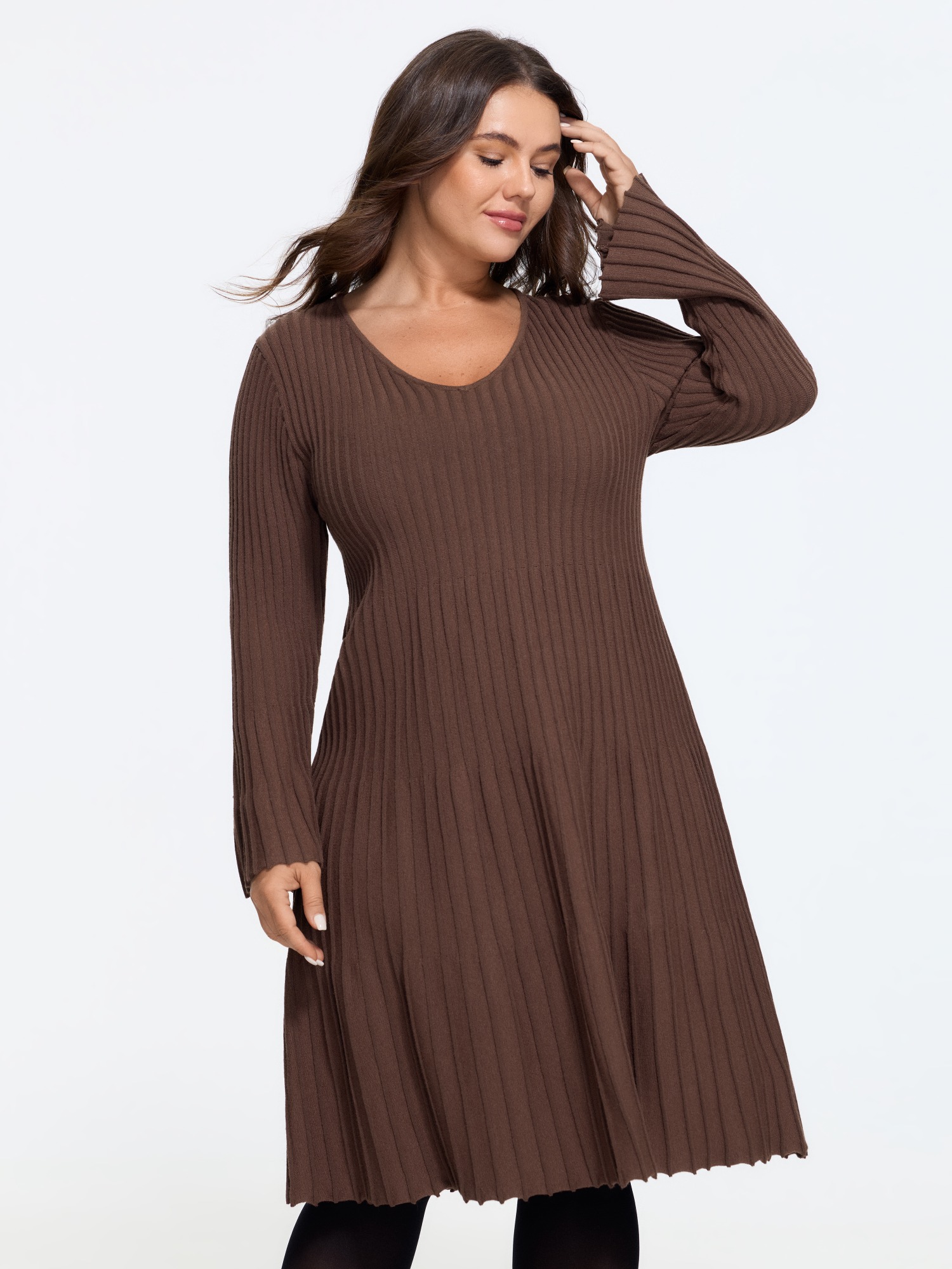 BloomChic Plus Size V Neck Flared Cuff Ribbed Knit Sweater Dress - Curve Ladies Browncoffeecolor Daily-Americana Daily Long Sleeve Solid Sweater Dresses 14/M