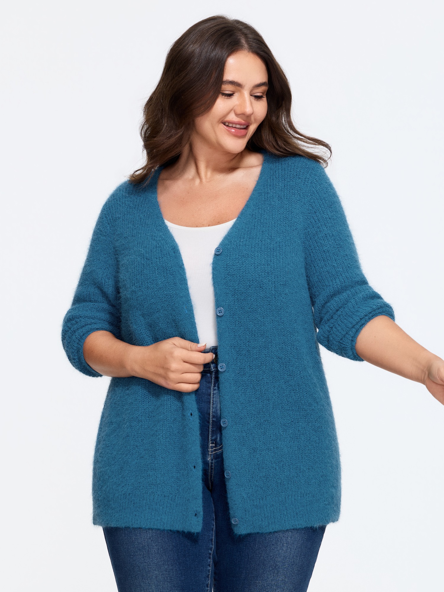 BloomChic Women's Plus Size Wool Blend Fuzzy V-Neck Button Front Knit Cardigan Arctic Long Sleeve V-Neck 10/M