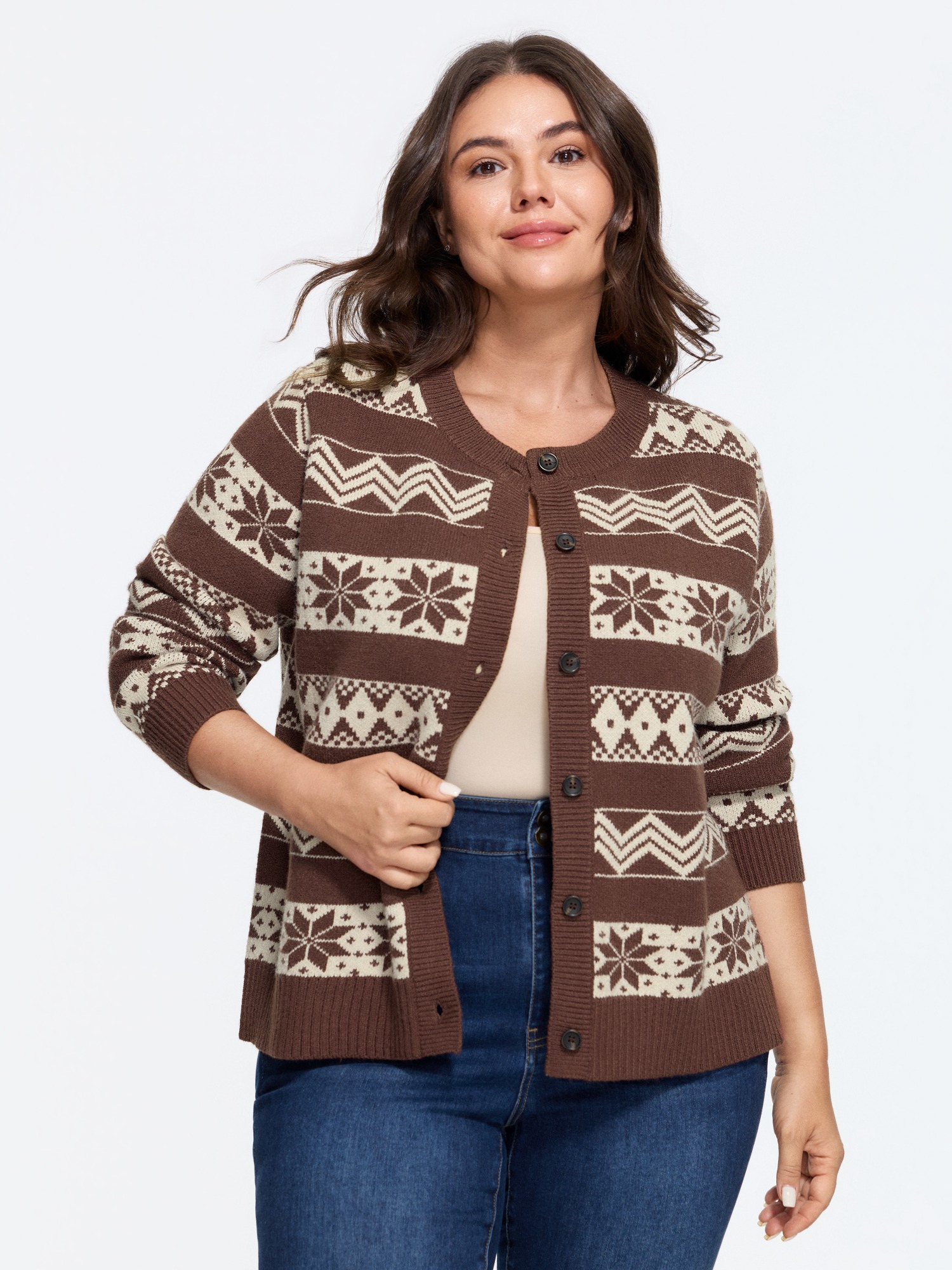 BloomChic Women's Plus Size Supersoft Color Contrast Snowflake Button Front Cardigan Browncoffeecolor Long Sleeve Round Neck 10/M