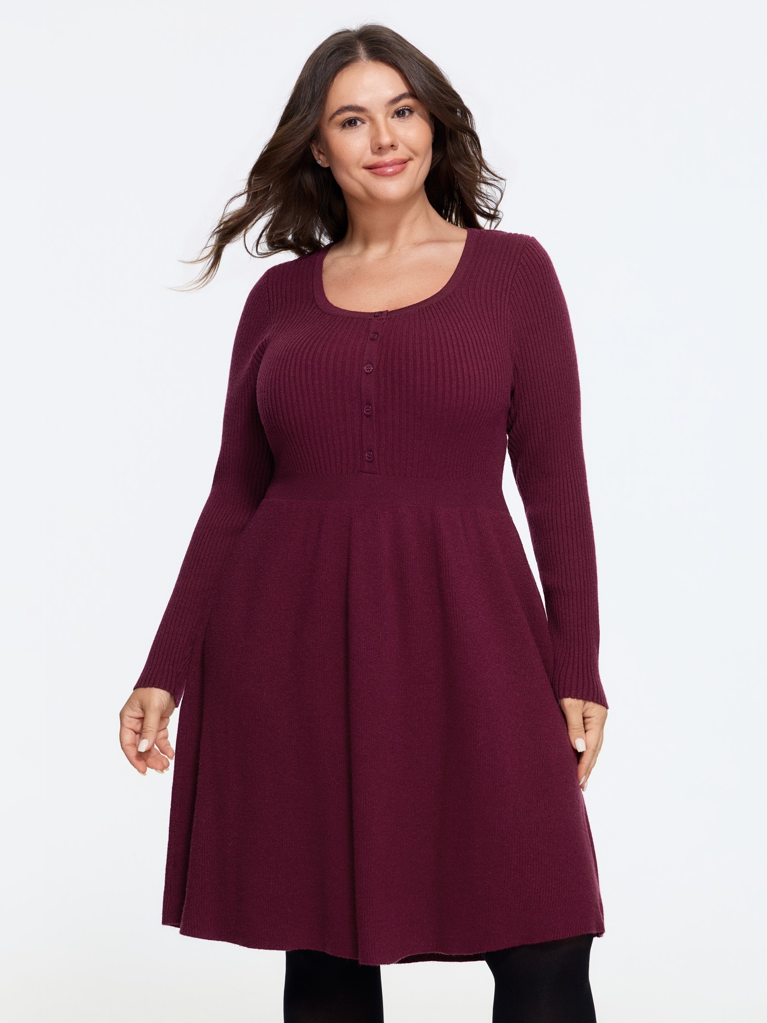 BloomChic Plus Size Square Neck Button Front Ribbed Knit Sweater Dress - Curve Ladies Deepred Daily-Americana Daily Long Sleeve Solid Sweater Dresses 14/M