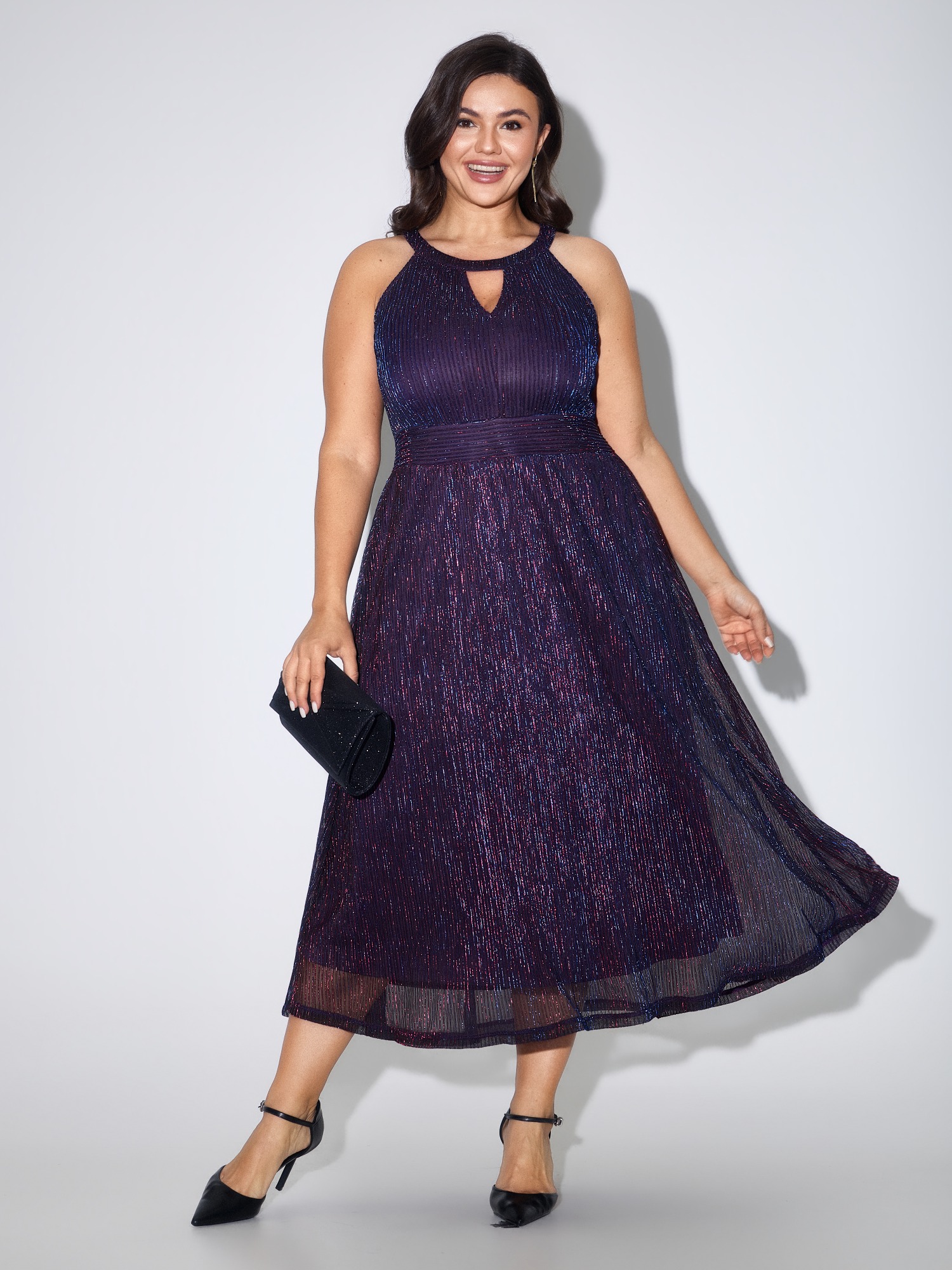 BloomChic Women's Plus Size Halter Neck Glitter Ruched Waist Midi Dress Bluepurple Occasion Midi Smocked Round Neck 10/M