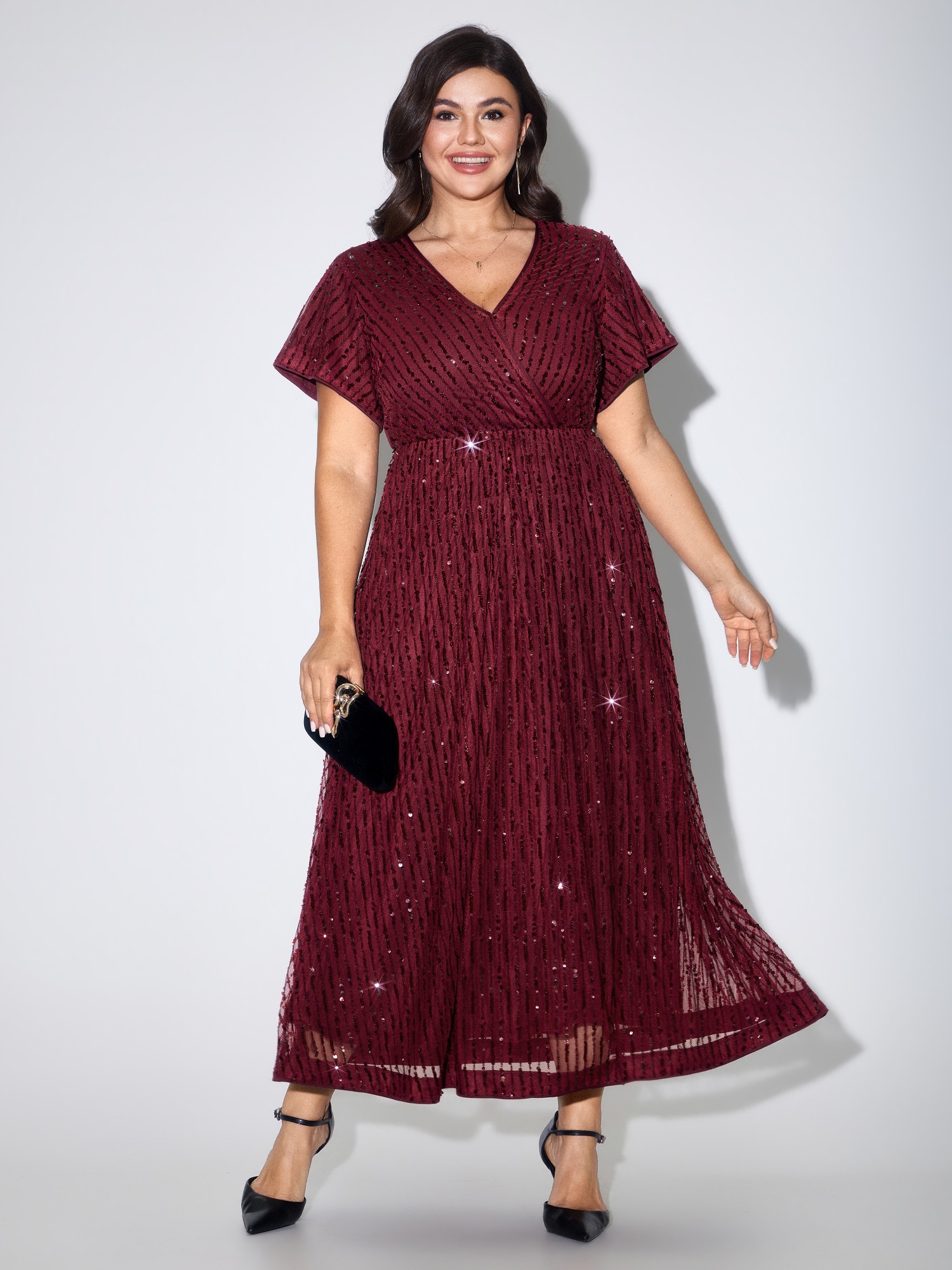 BloomChic Women's Plus Size Sequin Mesh V Neck Flutter Sleeve Maxi Dress Scarlet Occasion Maxi Wrap / Overlap V-Neck 14-16/1X
