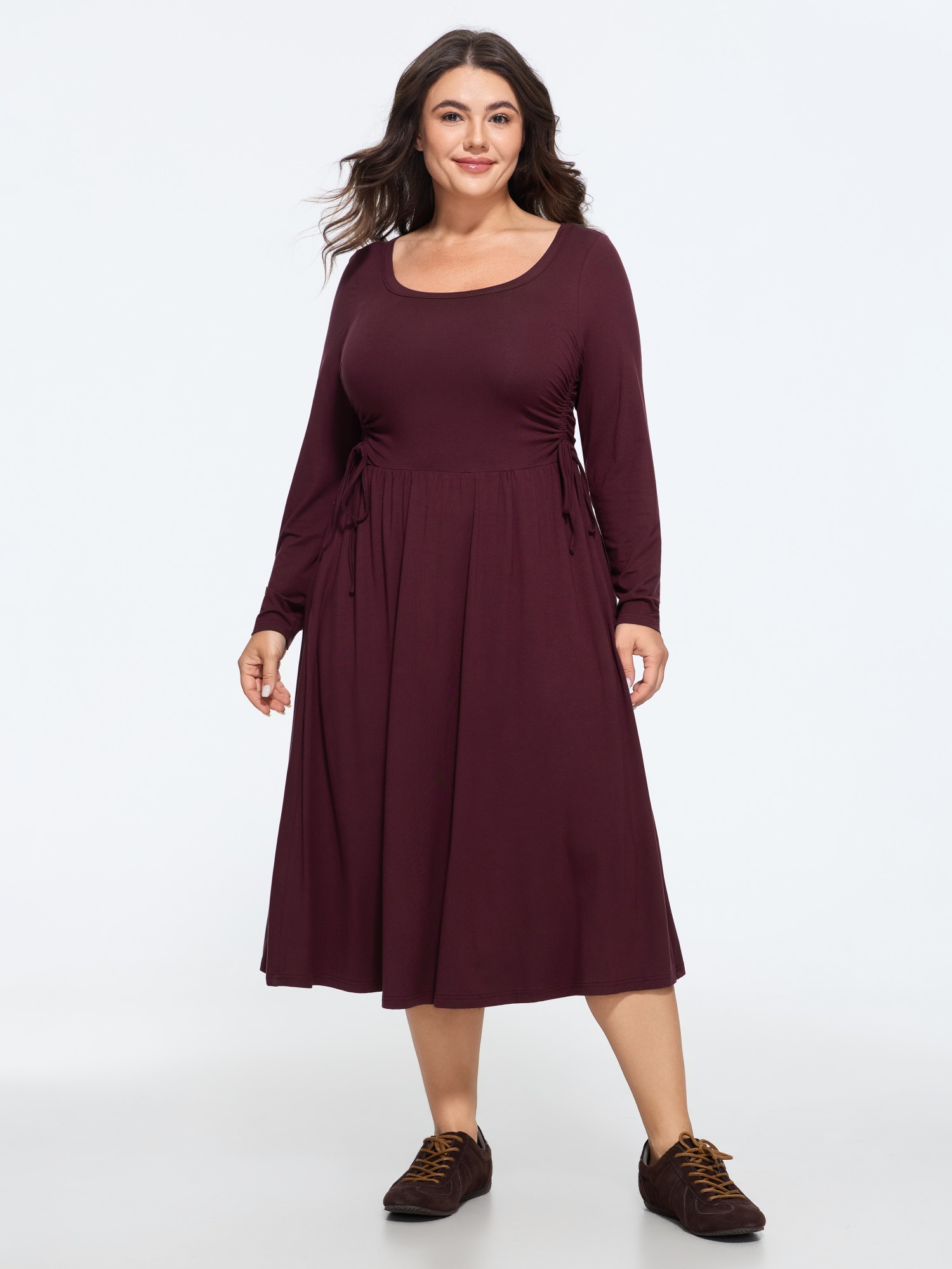 BloomChic Women's Plus Size Supersoft U Neck Side Drawstring Midi Dress Eggplant Solid Midi Everyday-Casual Bowknot 10/M