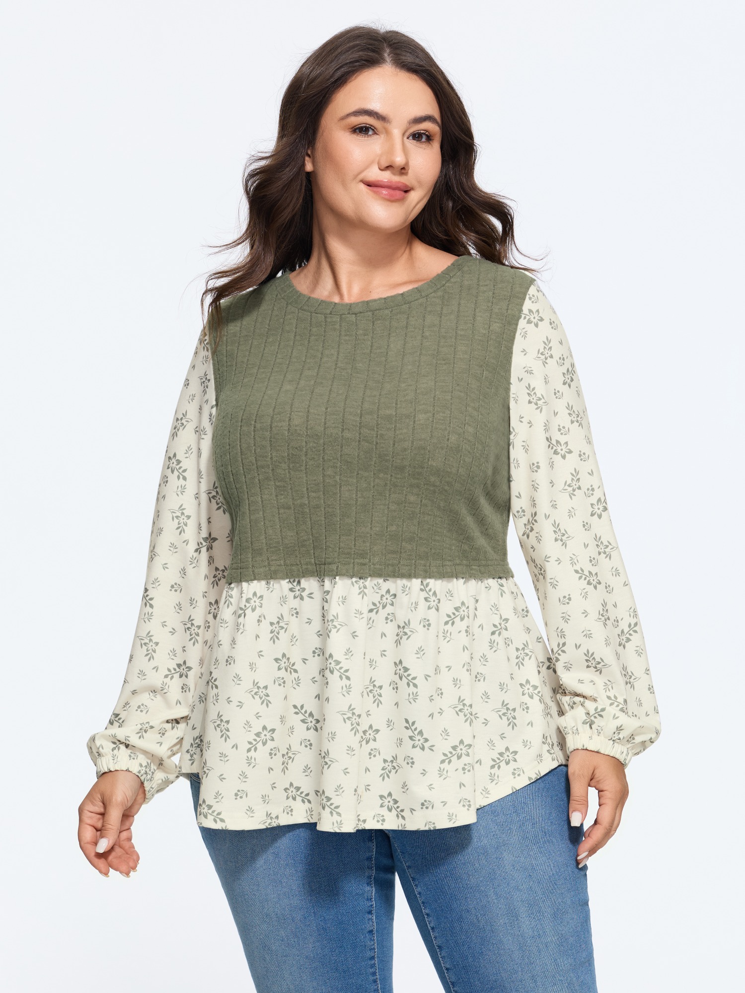 BloomChic Women's Plus Size 2-In-1 Ribbed Knit Vest Patchwork Floral Print Sweatshirt ArmyGreen Everyday-Casual Round Neck 10/M