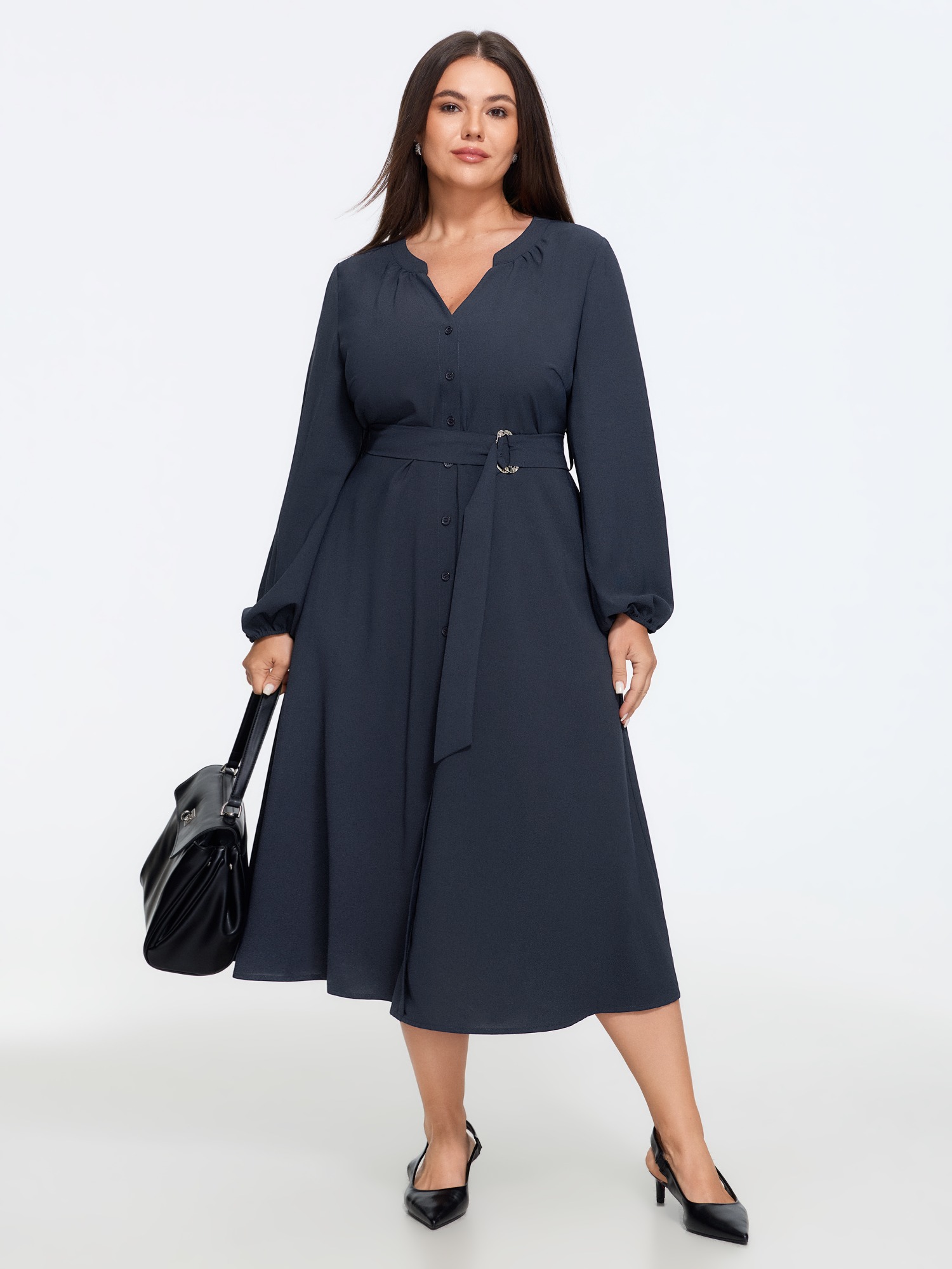 BloomChic Women's Plus Size Notched Collar Button Down Belted Midi Dress Midnight Solid Midi Office Smocked 22-24/3X